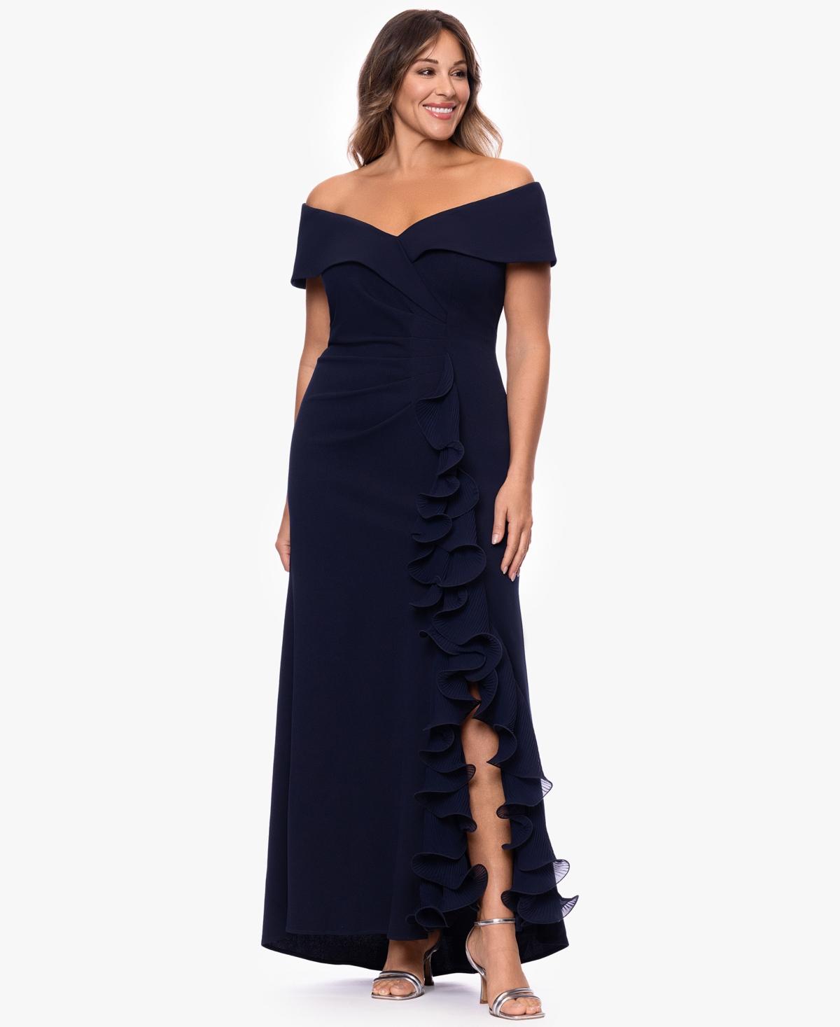 green emerald velvet dress Xscape Plus Size Off The Shoulder Long Dress - Black