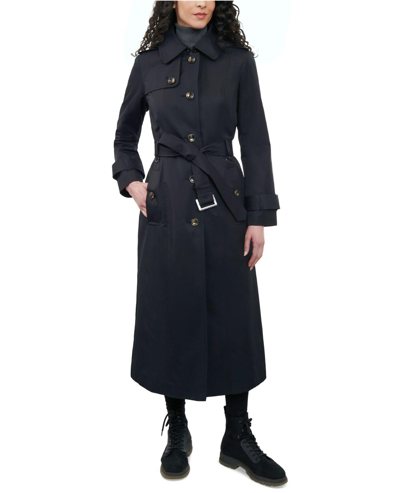 London Fog Hooded Belted Maxi Trench Coat in Blue | Lyst