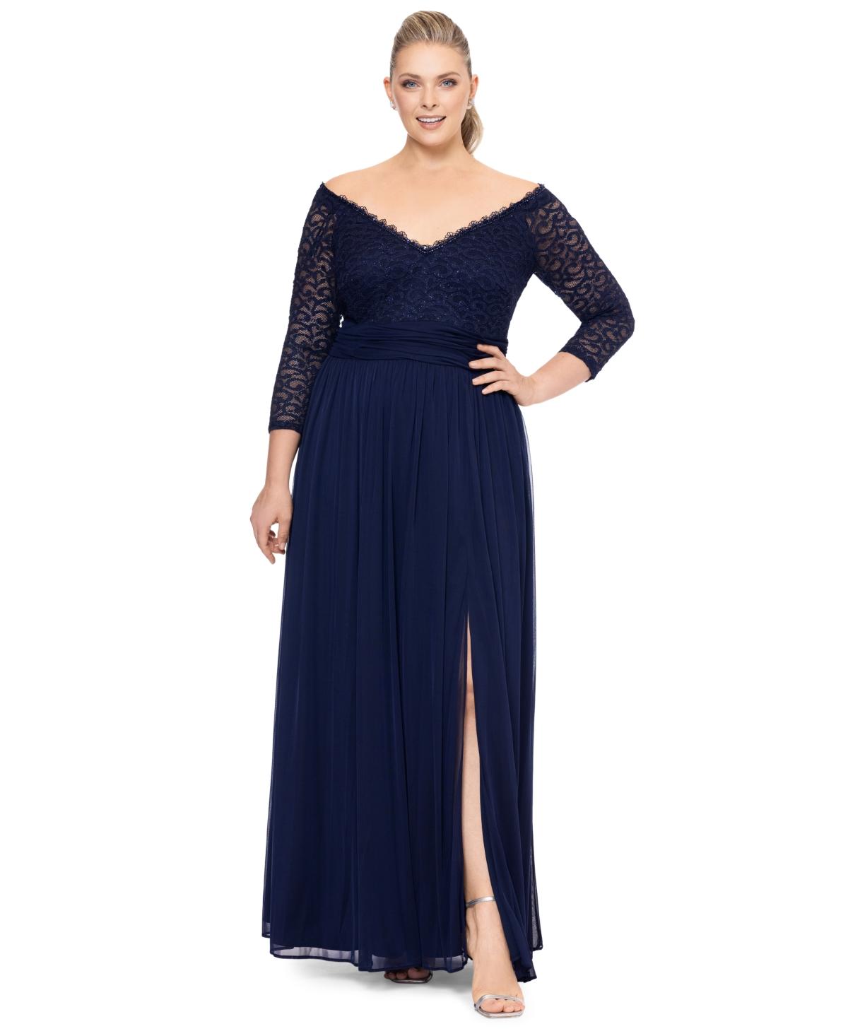 Betsy Adam Plus Size Lace Off the shoulder 3 4 sleeve Gown in Blue Lyst