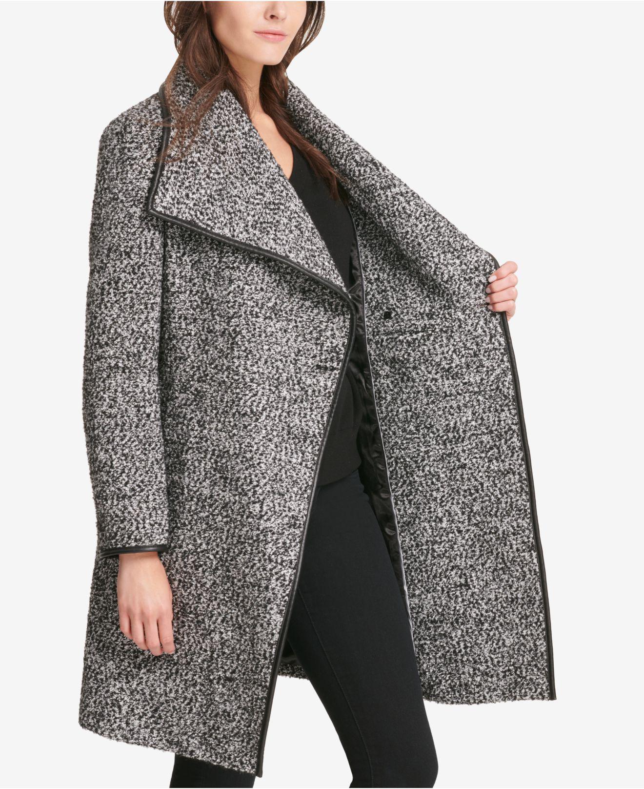 DKNY Petite Fauxleathertrim Wrap Coat, Created For Macy's in Black