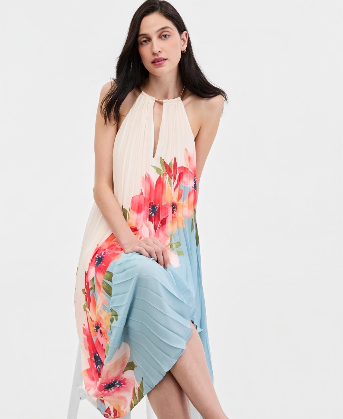 adrianna papell pleated floral dress Pleated Wildflower Border Midi Dress In Light Blue Multi