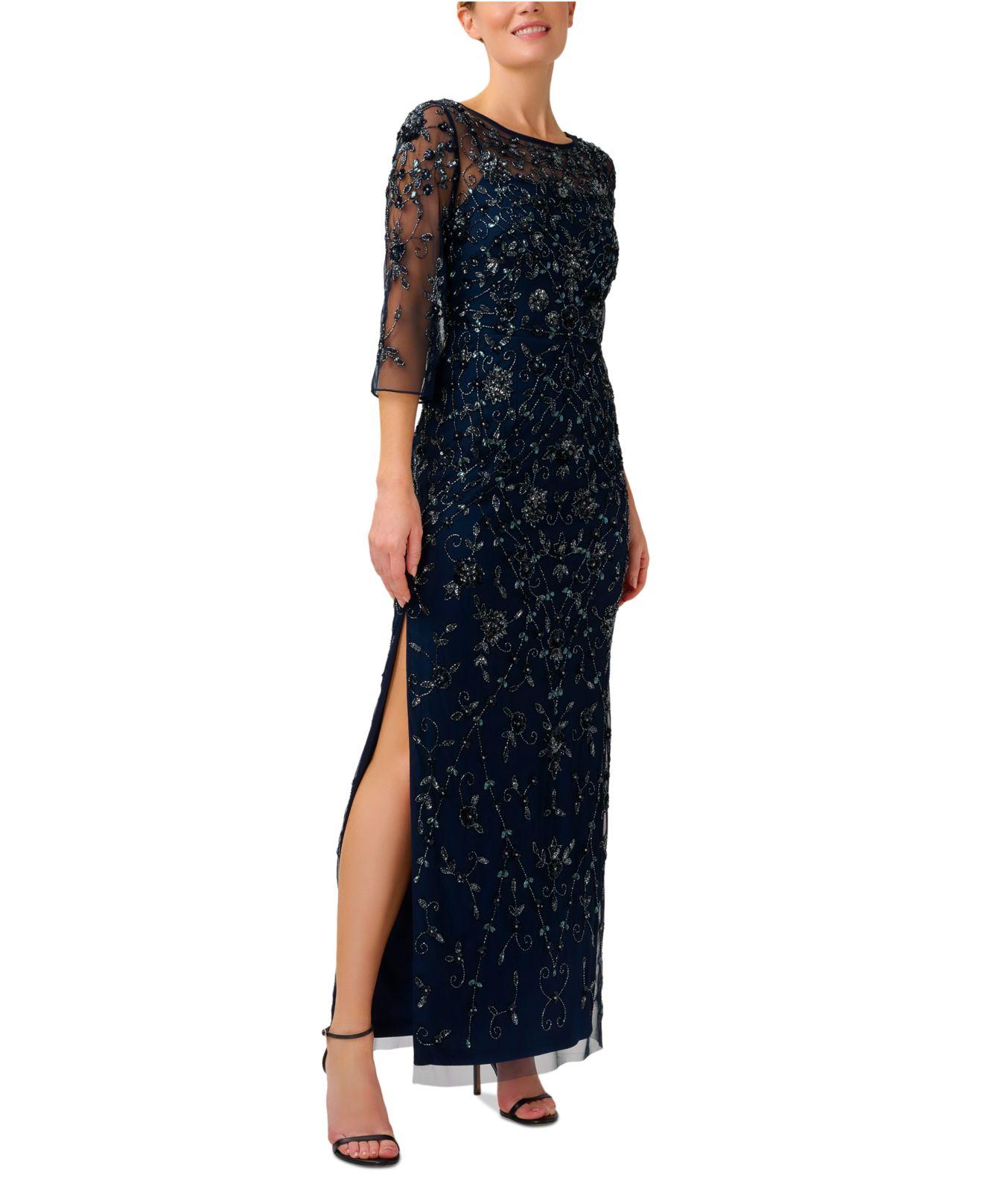 Adrianna Papell Beaded 3/4-sleeve Gown in Blue | Lyst