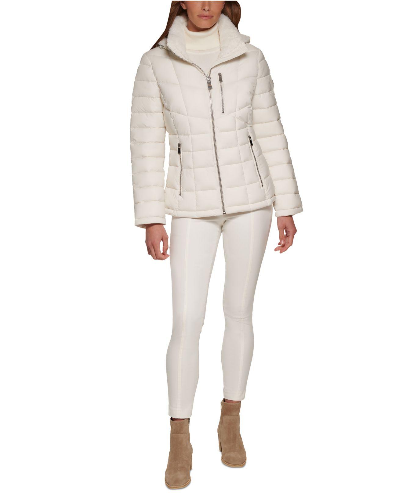 Calvin Klein Petite Hooded Puffer Coat, Created For Macy's in Natural | Lyst