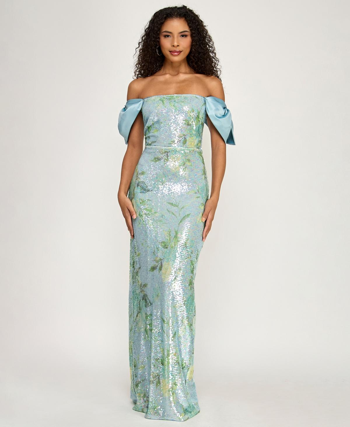 city studios strapless sequin dress City Studios Women's Strapless Floral Applique Sequin Maxi Dress - Blue Multi