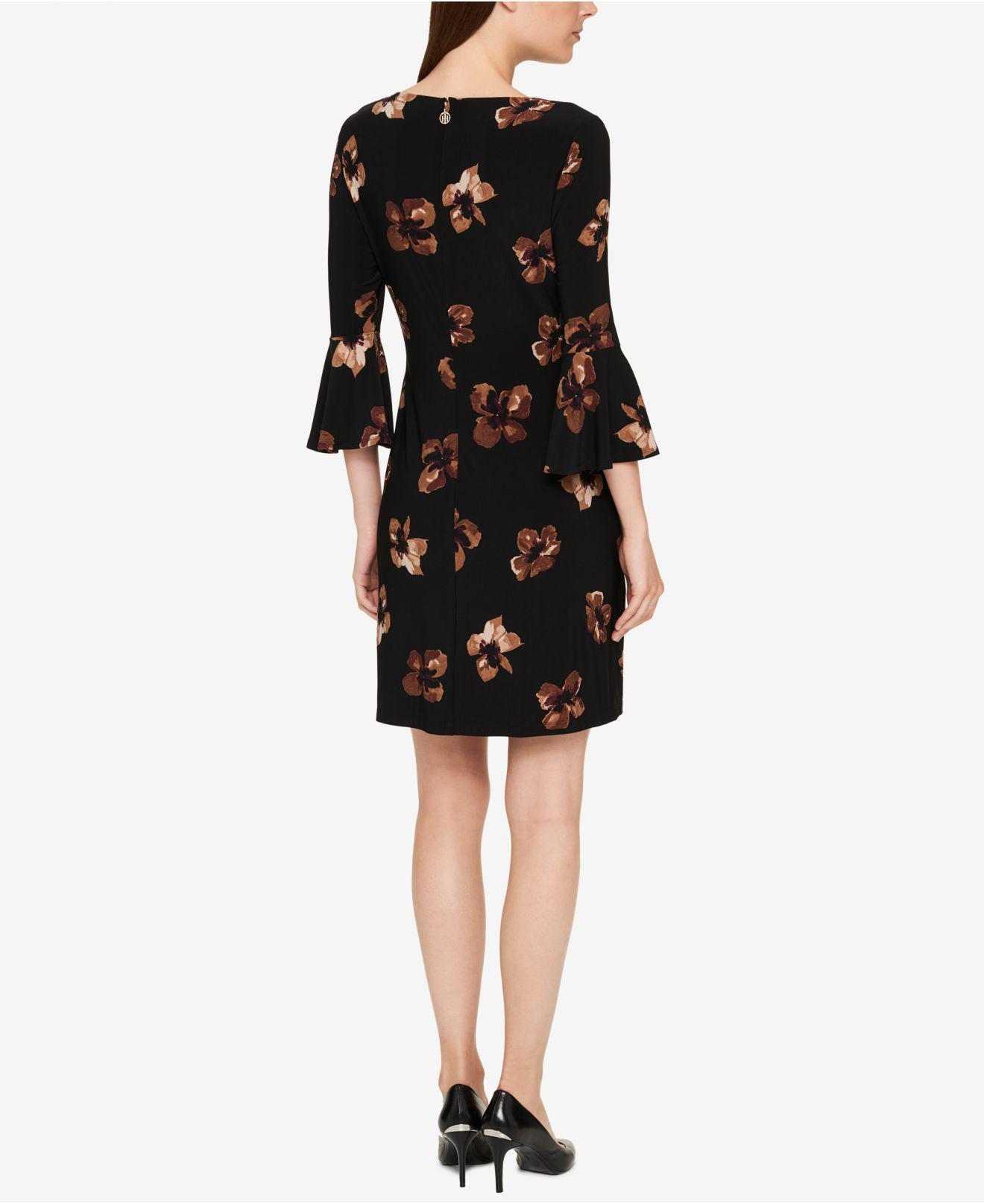 Tommy Hilfiger Synthetic Printed Bell-sleeve Dress in Black - Lyst