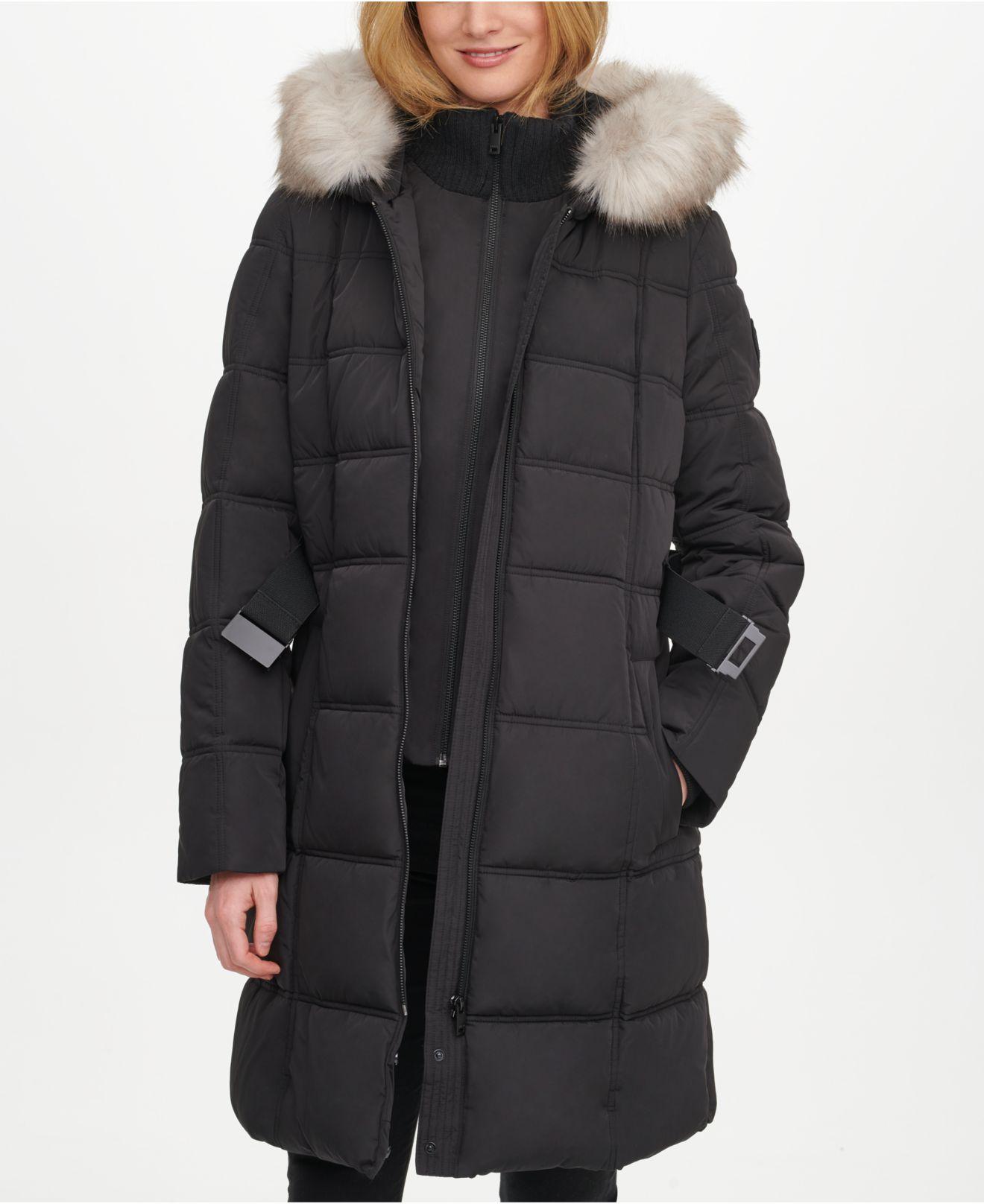 DKNY Belted Faux-fur-trim Hooded Puffer Coat in Black - Lyst