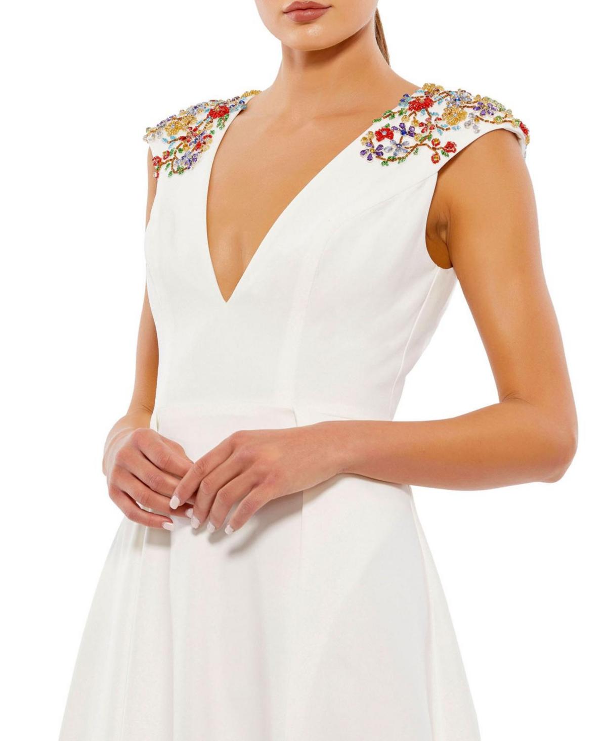 green emerald velvet dress Green Multicolor Embroidered V Neck Cap Sleeve Midi Dress