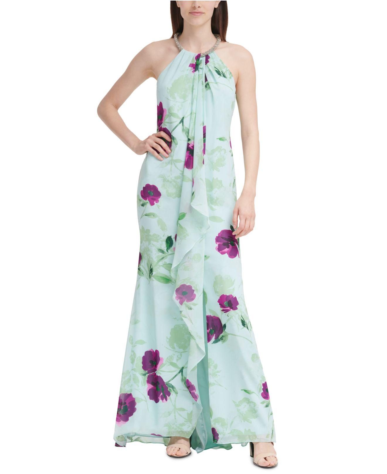 Calvin Klein Floral-print Cascade Gown in Green | Lyst