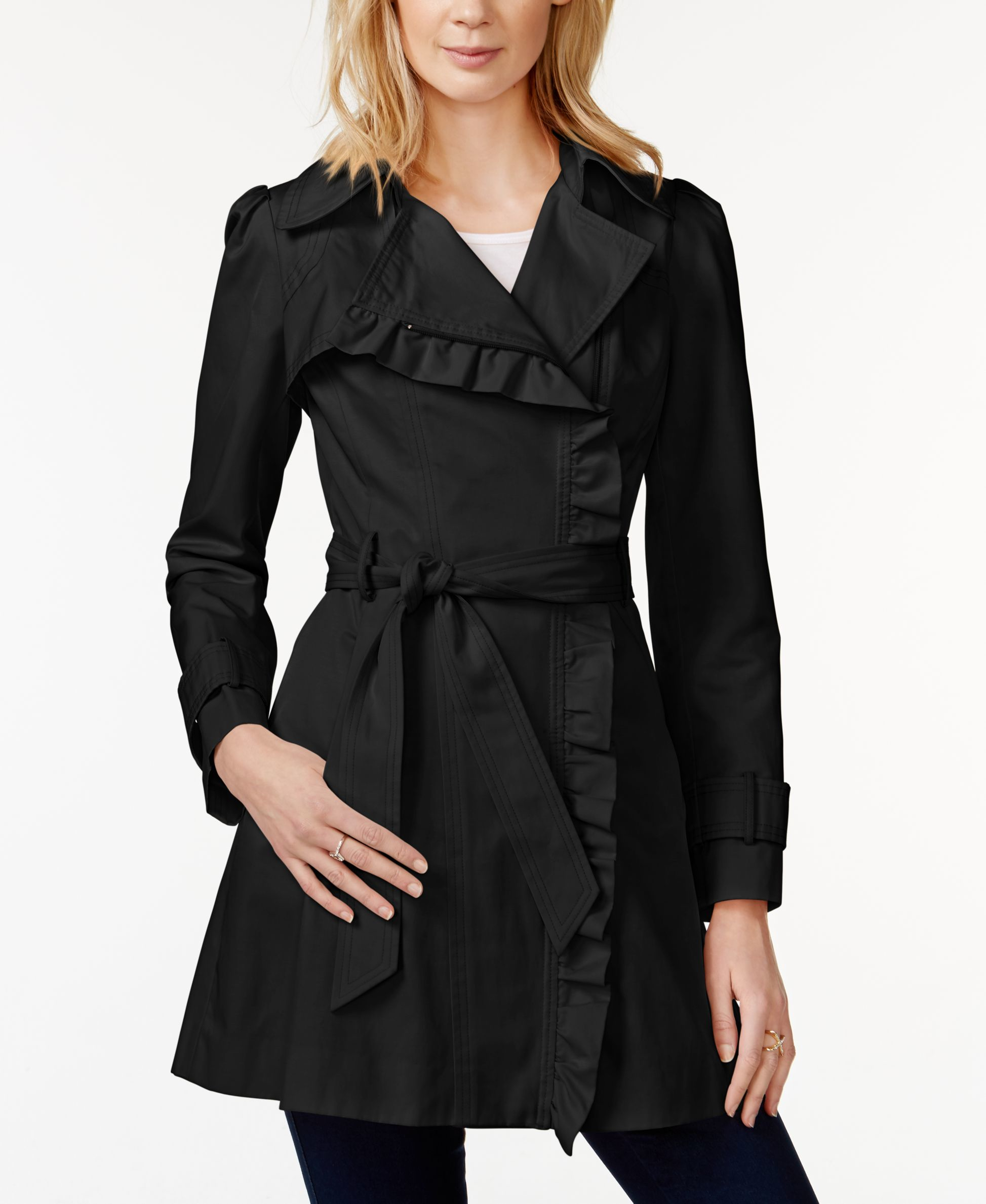 Jessica Simpson Ruffled Asymmetrical Trench Coat in Black - Lyst