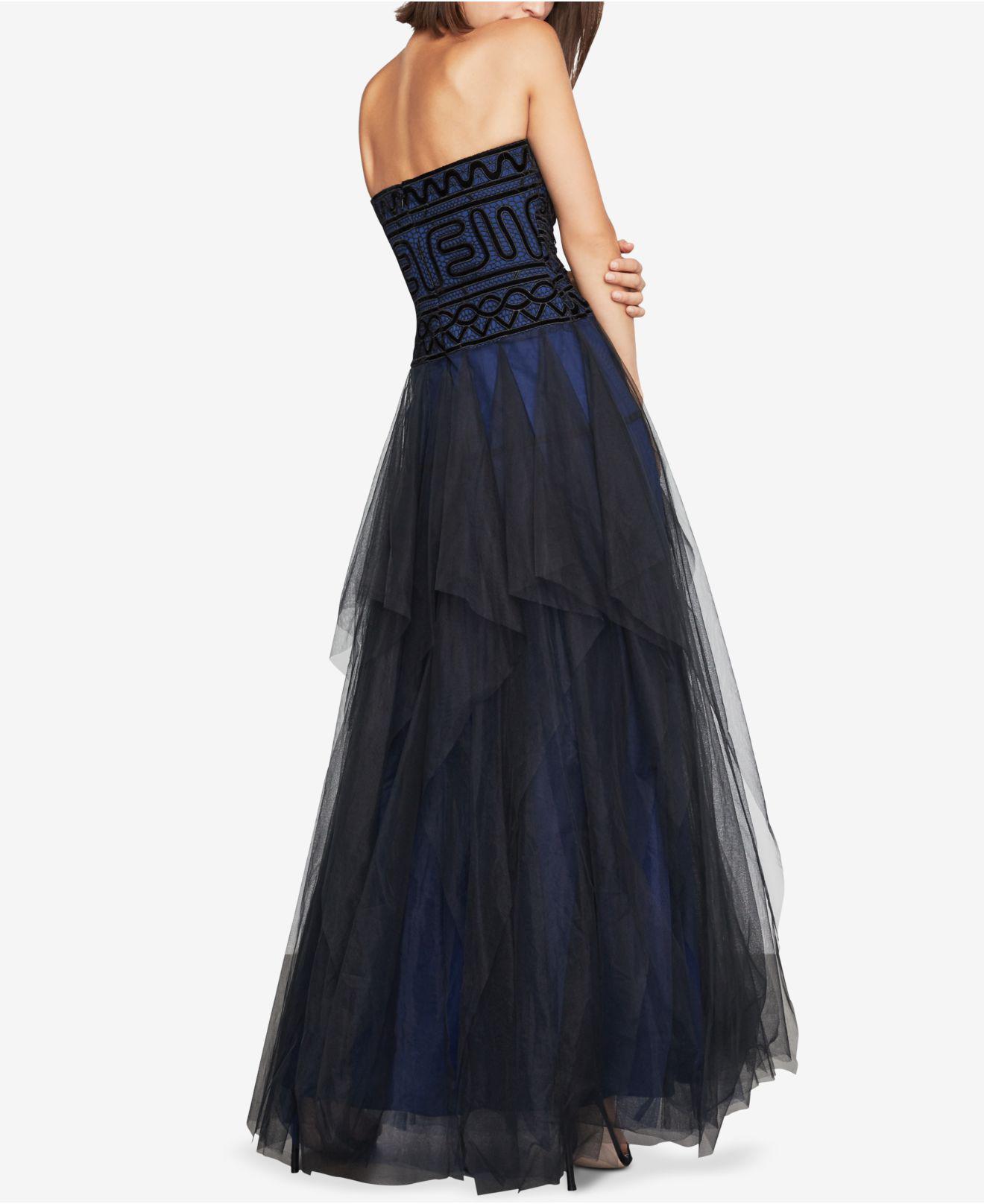 bcbg strapless embroidered lace gown