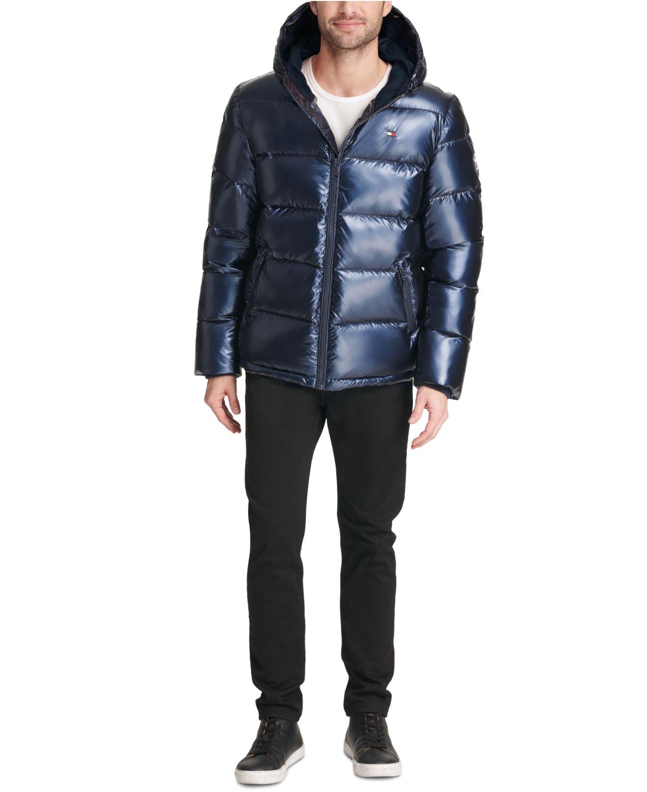 tommy hilfiger men's pearlized performance hooded puffer coat