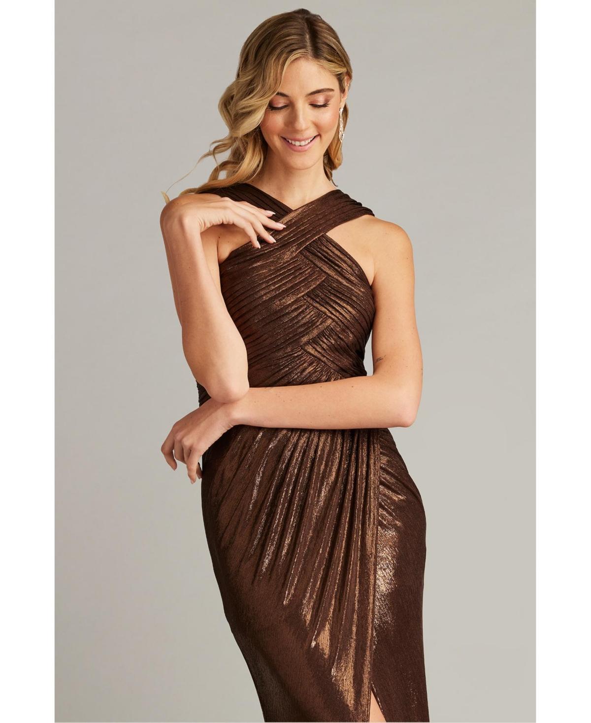 【Tadashi Shoji】Jessa llic Crisscross Draped HalterGown Tadashi Shoji Women's Jessa Metallic Crisscross Draped