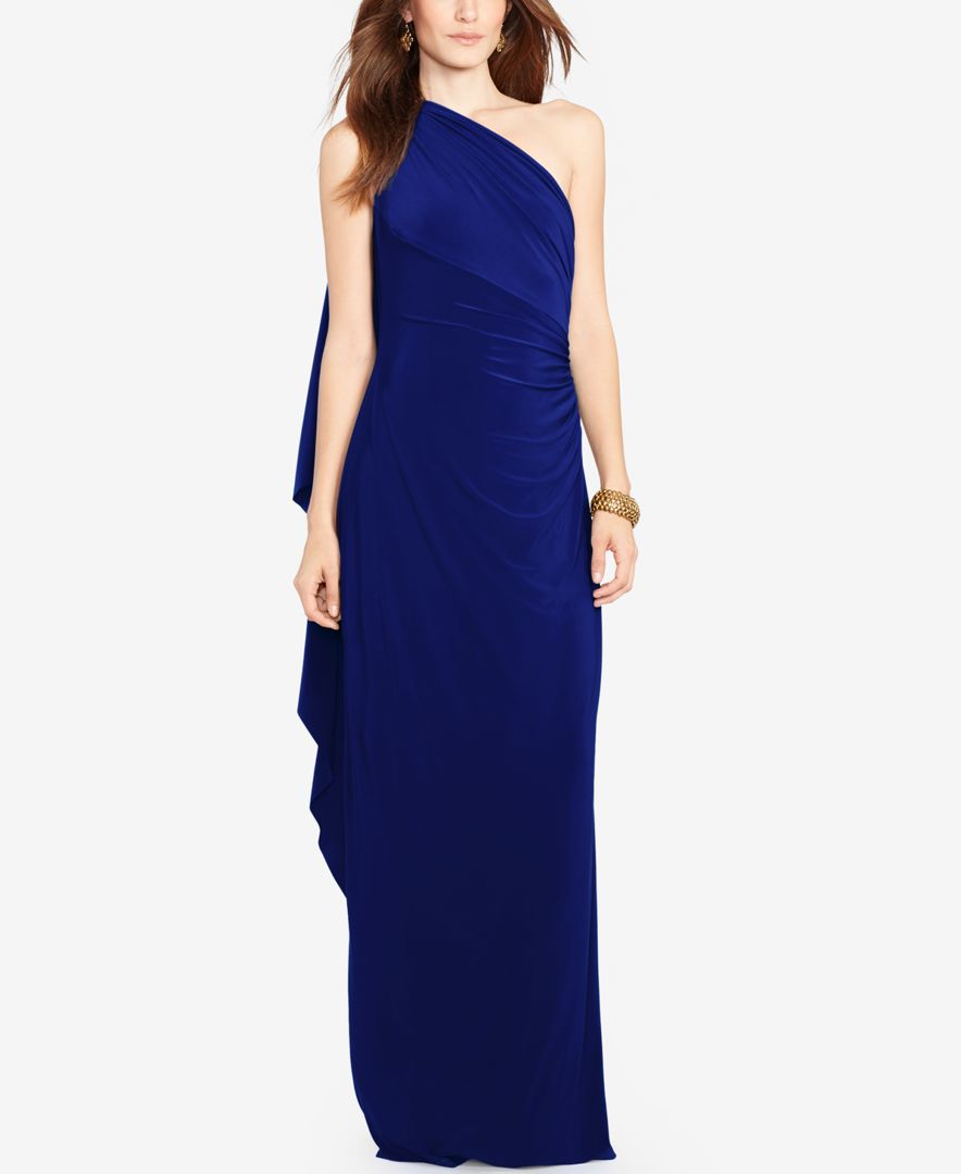 Lauren by Ralph Lauren Synthetic One-shoulder Cape Gown in Navy (Blue) -  Lyst