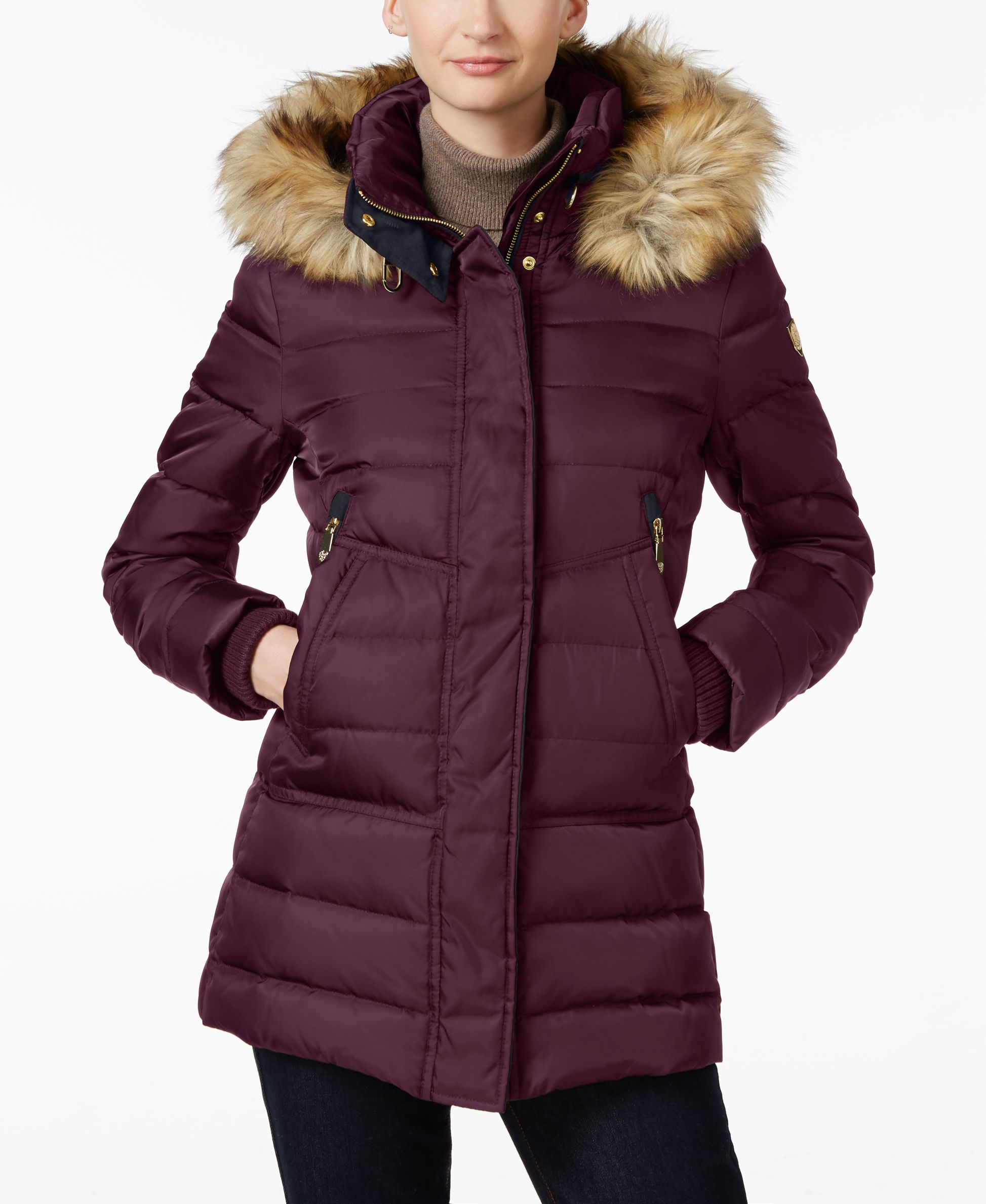 purple fur trim coat