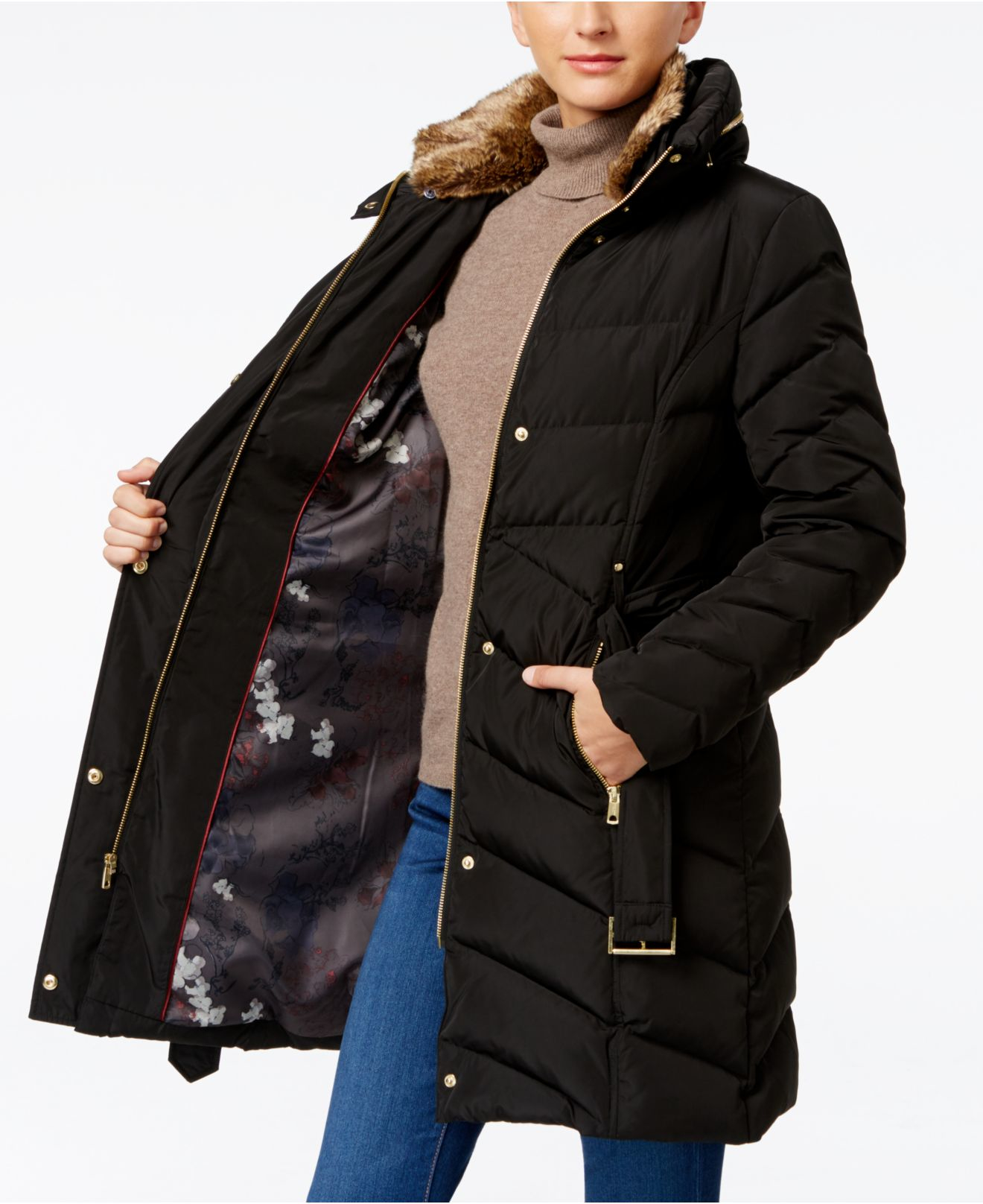Lyst - Cole Haan Faux-fur-collar Belted Down Puffer Coat ...