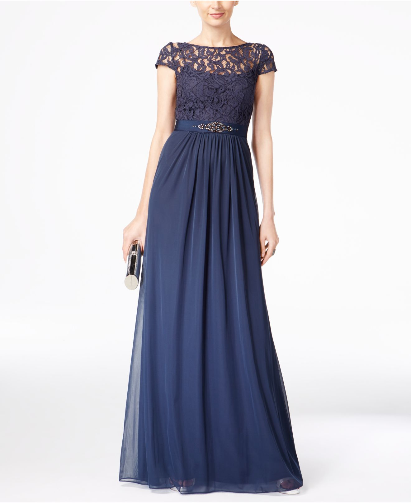 Adrianna papell Lace Illusion Gown in Blue (Midnight) | Lyst