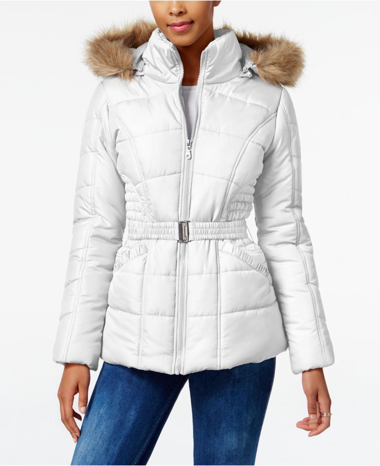Lyst Rampage Fauxfurtrim Belted Puffer Coat in White