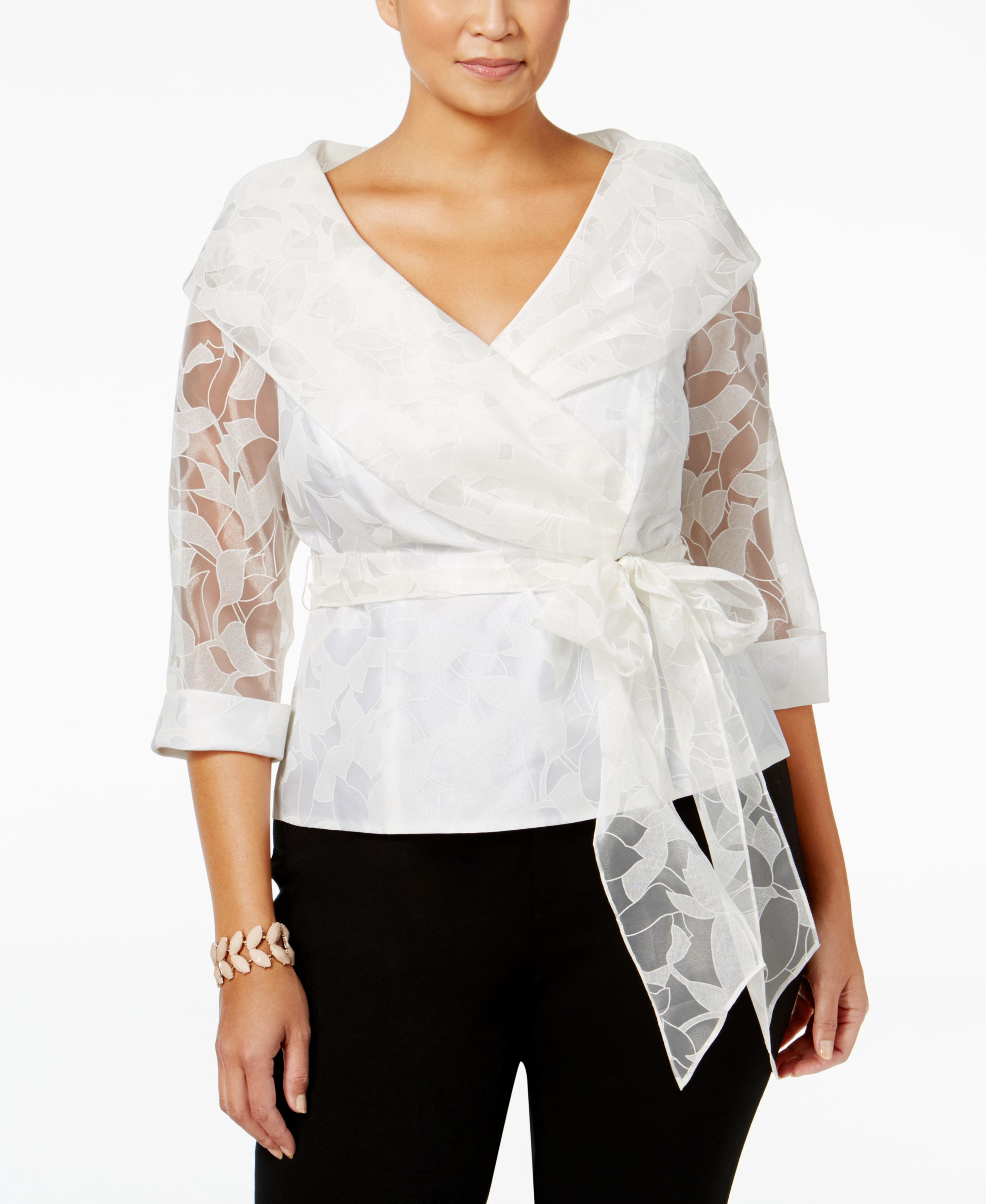 Alex Evenings Plus Size Belted Portrait-collar Wrap Blouse in White | Lyst