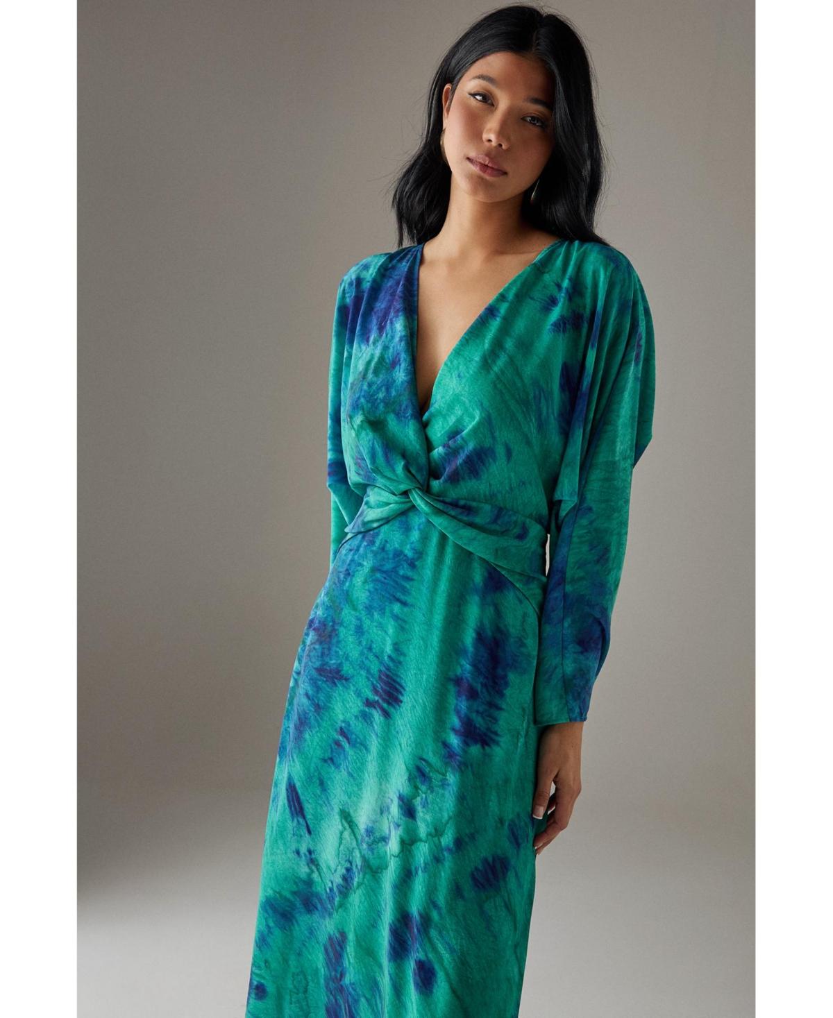 warehouse green wrap dress Women's Satin Jacquard Wrap Detail Midi Dress, Green