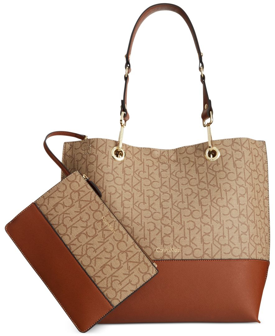 calvin klein signature reversible tote with pouch in brown lyst calvin klein signature reversible tote with pouch in brown lyst