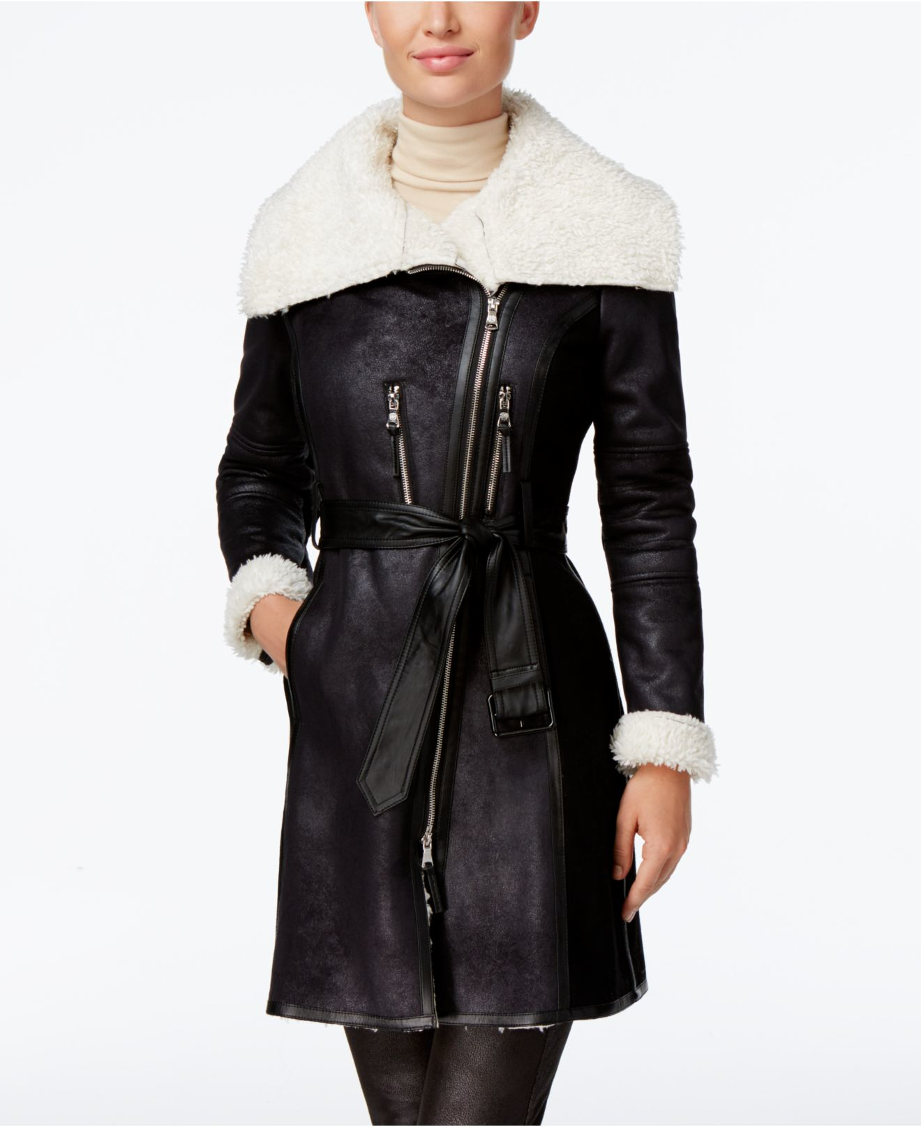 Vince Camuto Mixedmedia Fauxshearling Coat in Black Lyst
