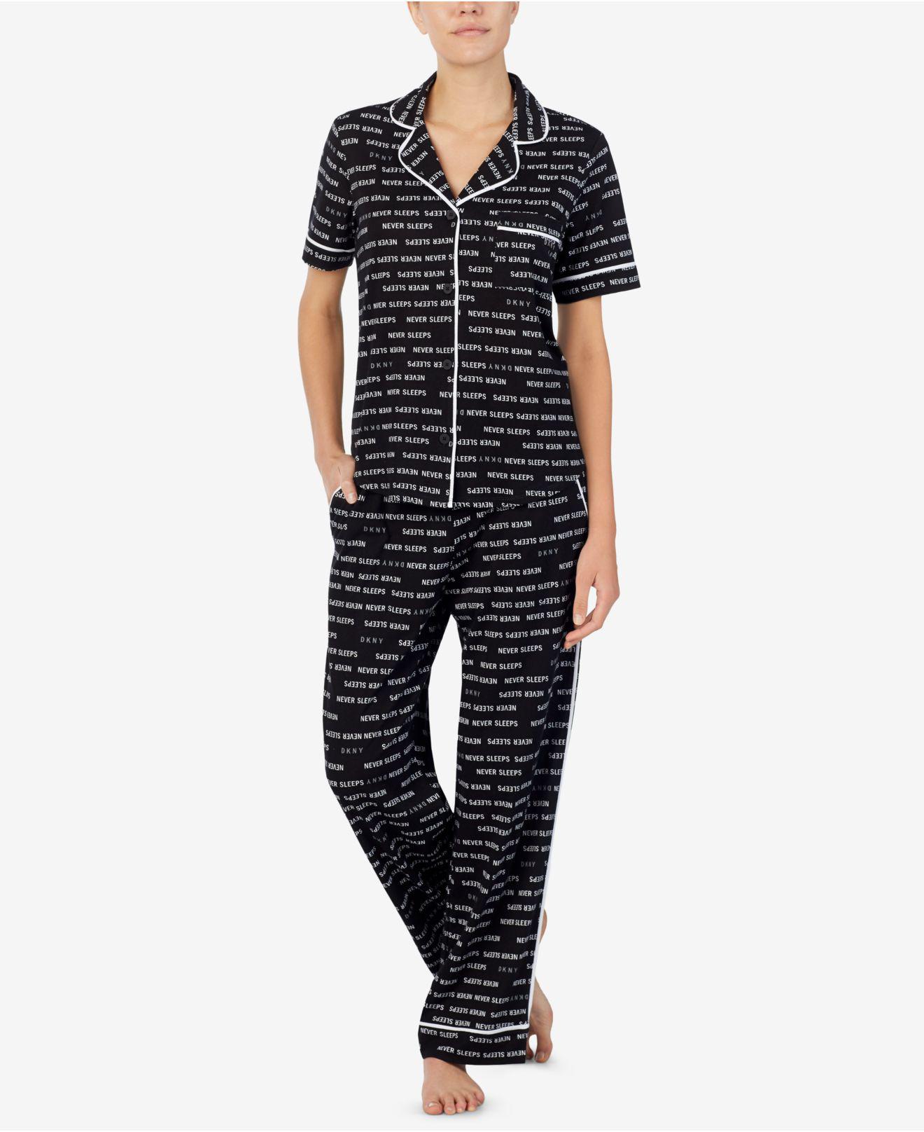 DKNY Cotton Logo Contrasttrim Knit Pajama Set in Black Print (Black