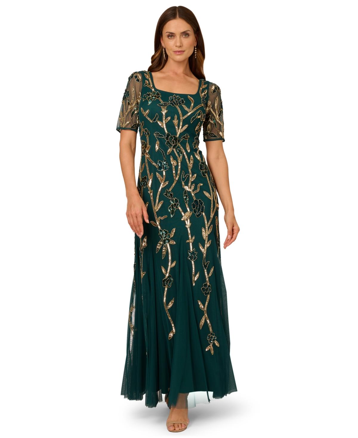 adrianna papell green beaded dress Adrianna Papell V-neck Dolman Sleeve Blouson Zipper Closure Beaded Mes –  Eden Coutures