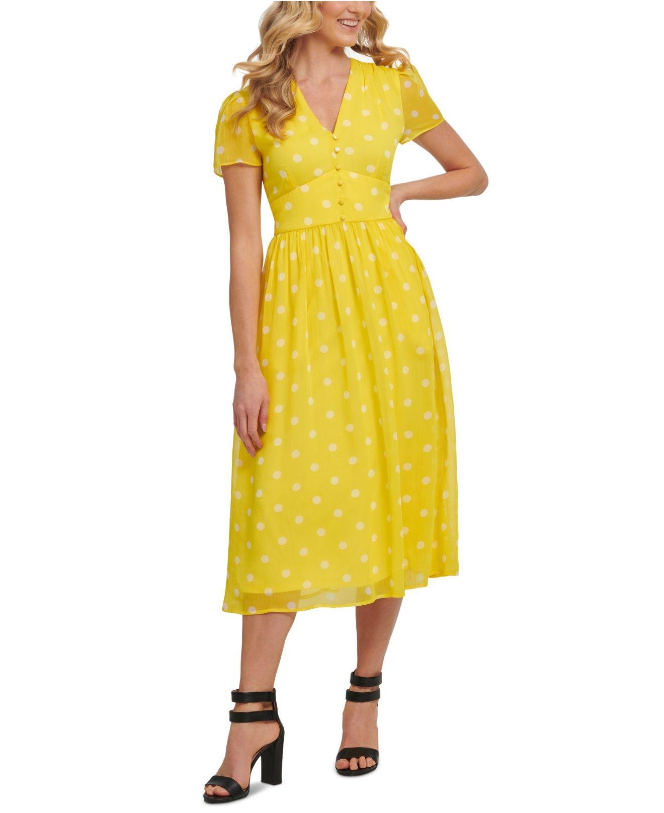 DKNY Dot-print Midi Dress in Yellow | Lyst