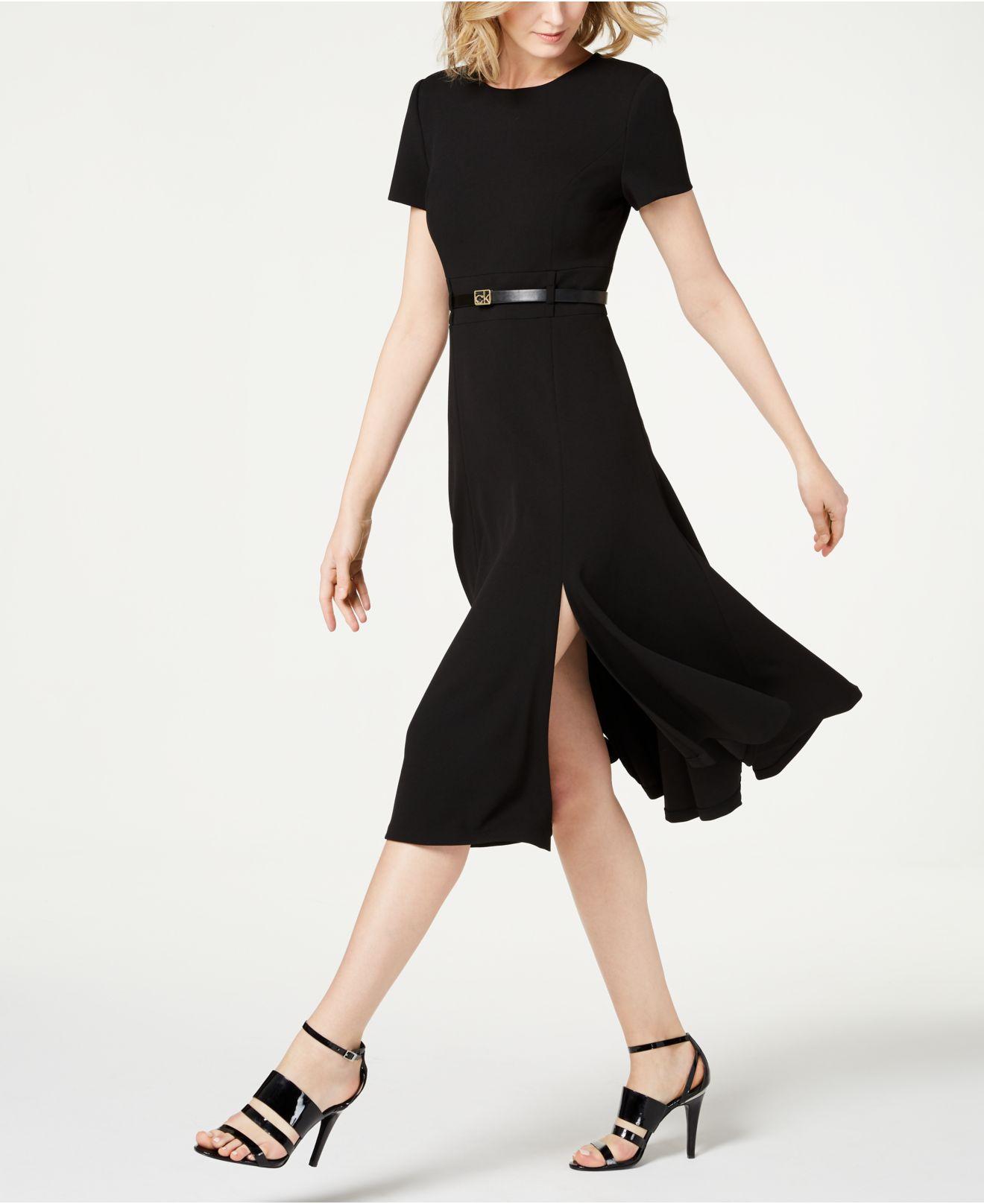 Calvin Klein Short Sleeve Belted Midi Dress in Black Lyst