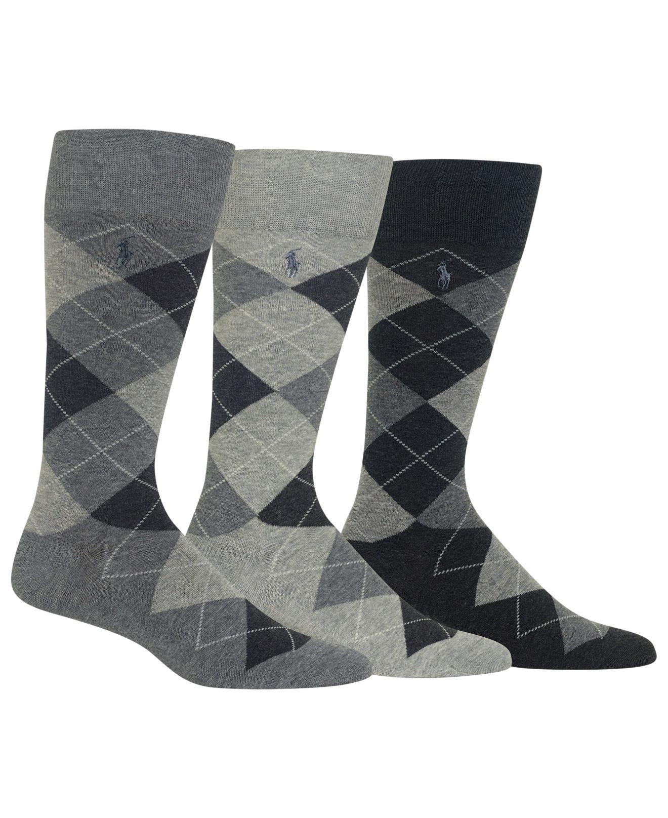 Polo Ralph Lauren Cotton Socks, Dress Argyle Crew 3 Pack Socks in Grey