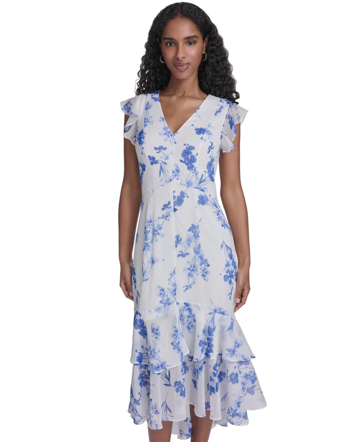 tommy hilfiger chiffon floral flutter-sleeve dress Tommy Hilfiger Flutter-sleeve V-neck Midi Dress in Blue
