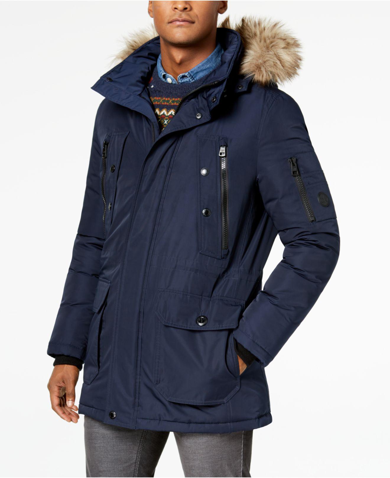 Calvin Klein Long Snorkel Coat With Fauxfur Trimmed Hood in Blue for