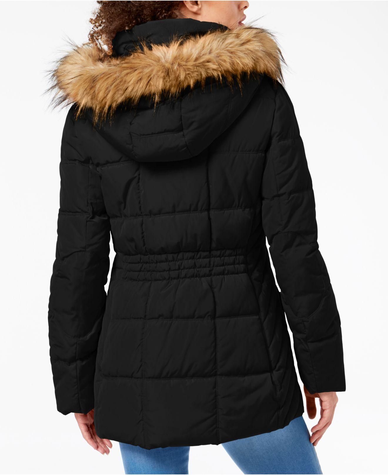 Tommy Hilfiger Hooded Puffer Coat With Faux Fur Trim in Black | Lyst