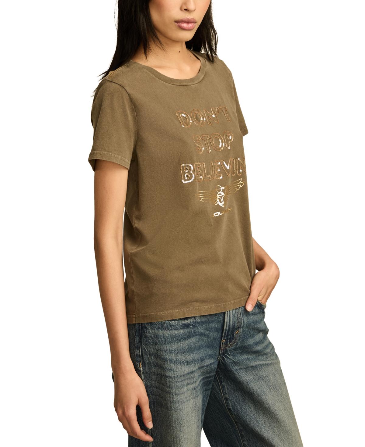 売れ筋商品|||ラッキーブランド カットソー トップス レディース Women's Cotton Don't Stop Believin' Sequin Crewneck Tee Tarmac Lucky Brand Cotton Don't Stop Believin' Sequin Crewneck Tee