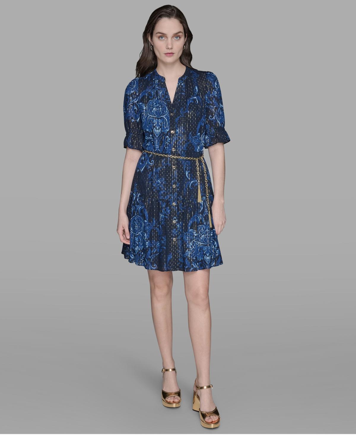 KARL LAGERFELD Petite Printed Belted Fit & Flare Dress in Blue | Lyst