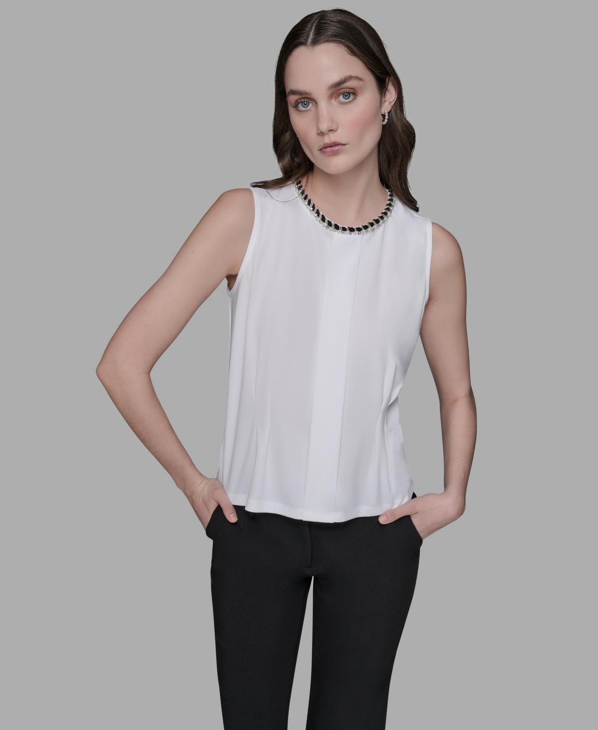 売れ筋商品|||カールラガーフェルド カットソー トップス レディース Women's Contrast-Trim Sleeveless Top Black & Soft White Karl Lagerfeld Sleeveless and tank tops for Women | Online