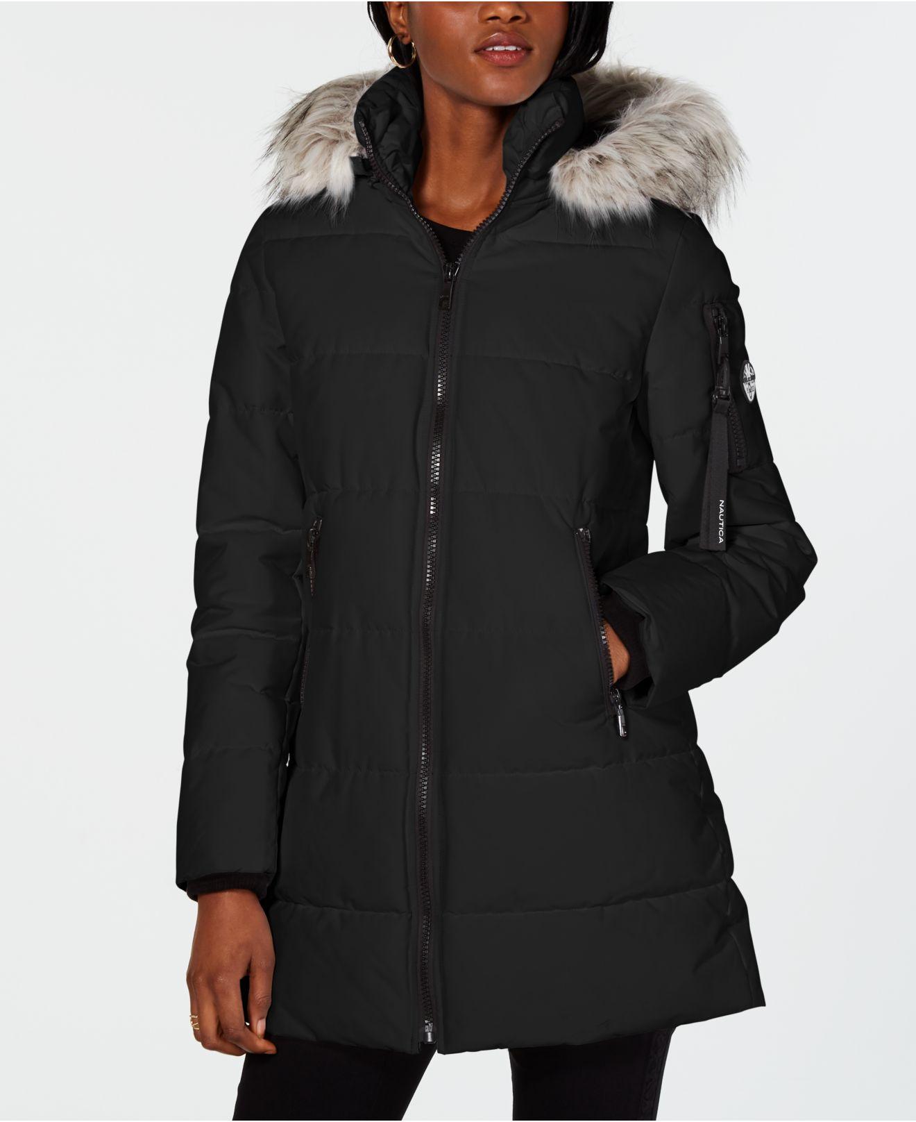 Nautica Hooded Fauxfurtrim Puffer Coat in Black Lyst