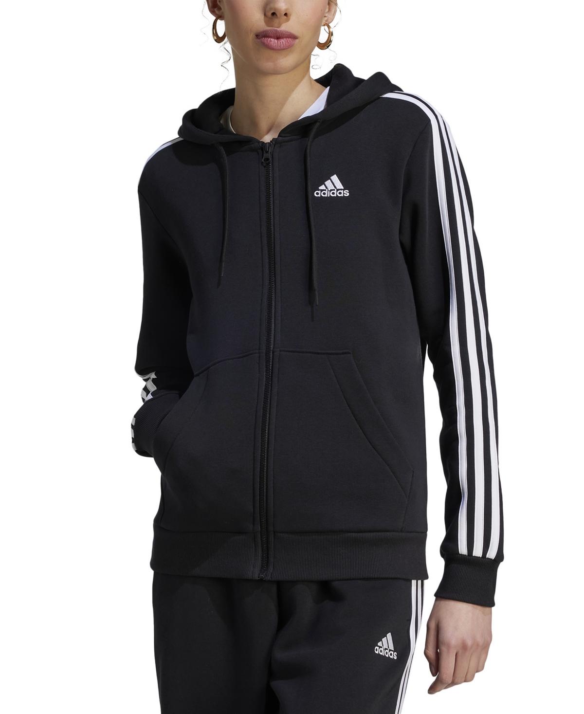 adidas 3-stripe Cotton Fleece Full-zip Hoodie Sweatshirt in Black | Lyst