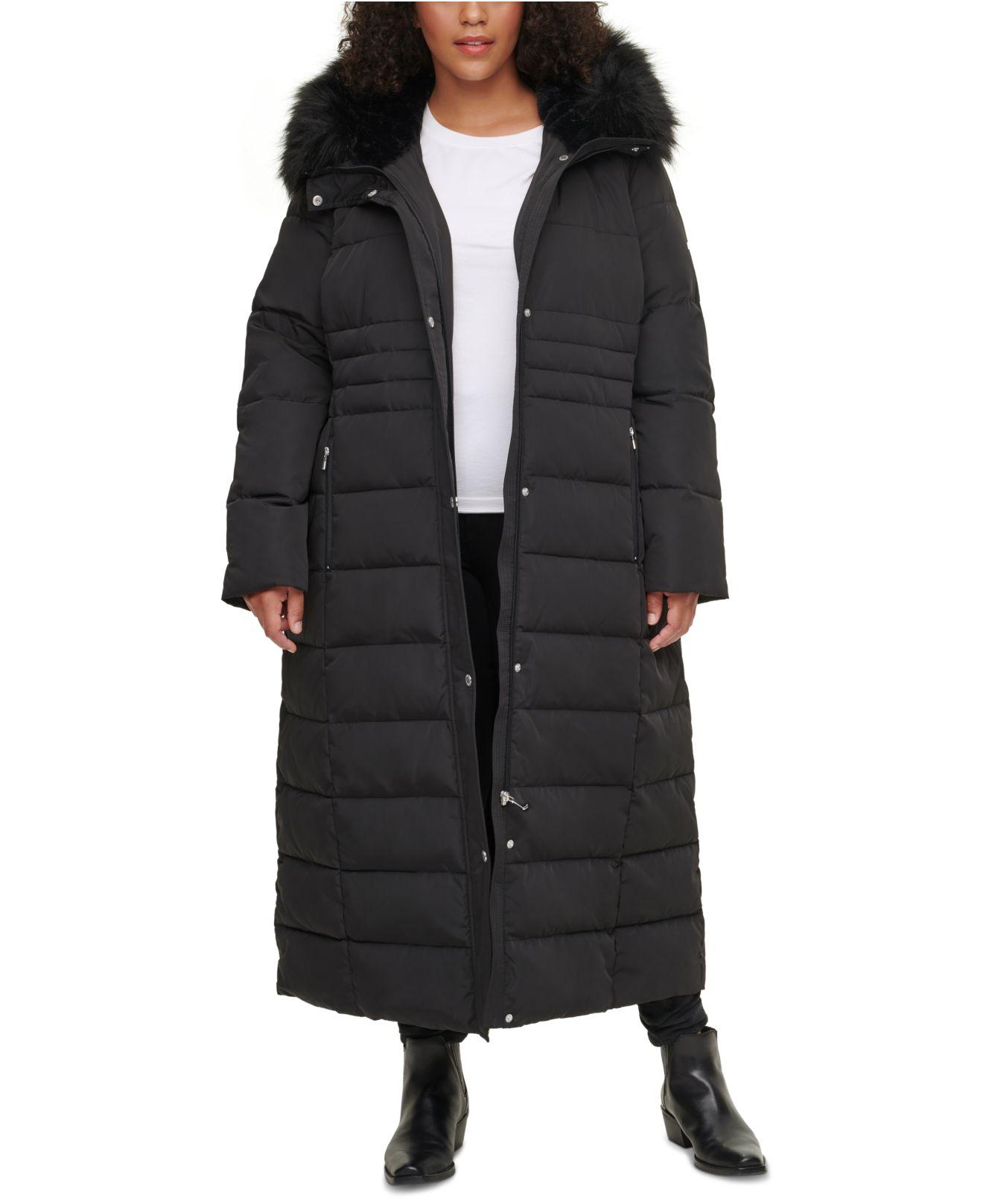 Calvin Klein Plus Size Faux Fur Trim Hooded Maxi Puffer Coat In Black Lyst