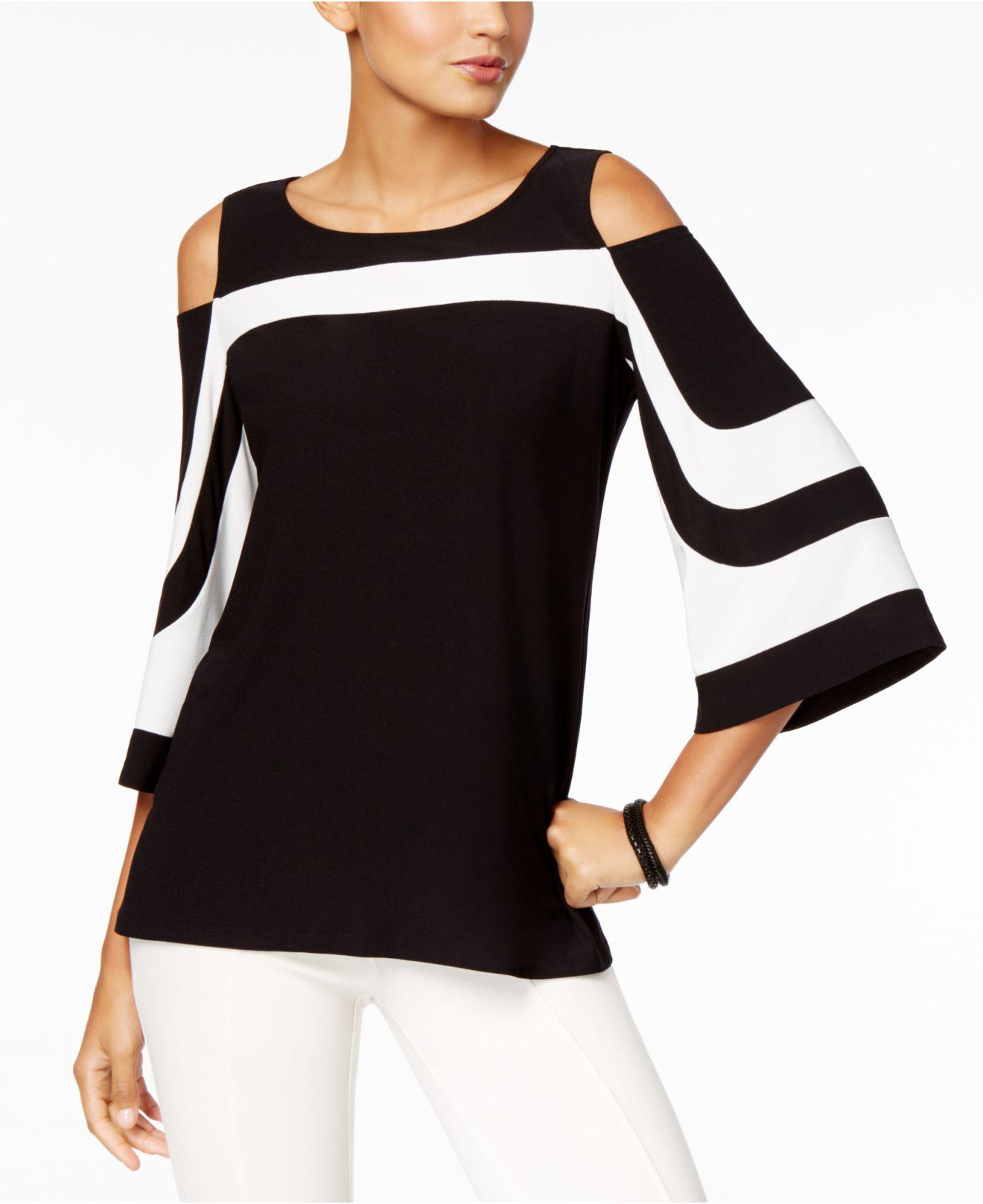 Alfani Synthetic Colorblocked Coldshoulder Top in Deep Black (Black