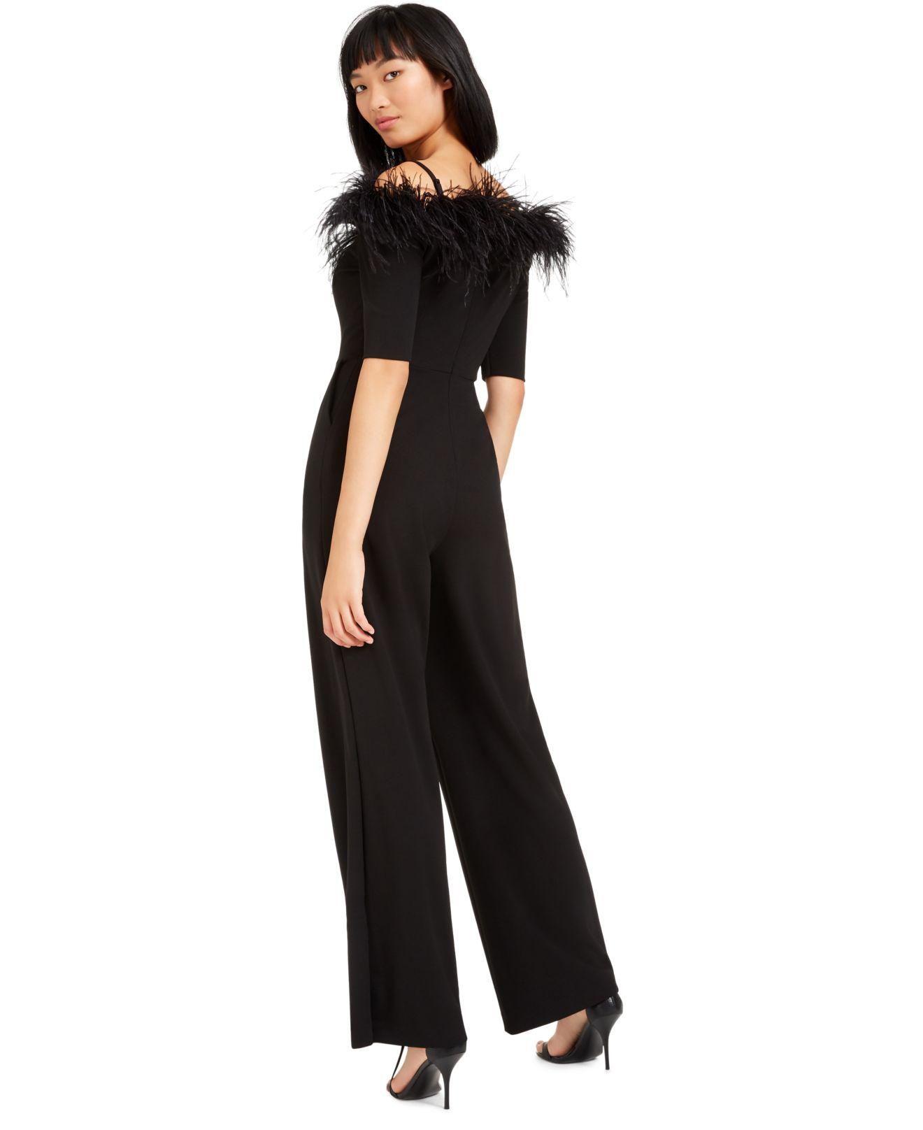 Calvin Klein Off-the-shoulder Feather Jumpsuit in Black | Lyst