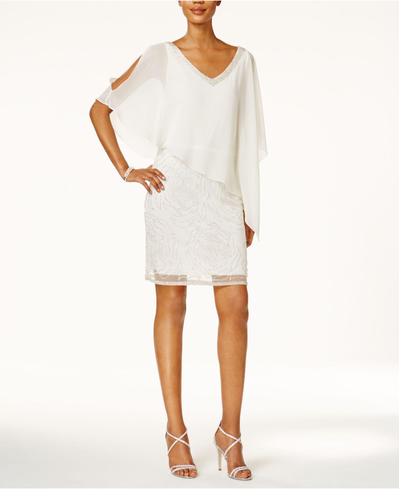 J Kara Embellished Split-sleeve Chiffon Overlay Dress in White