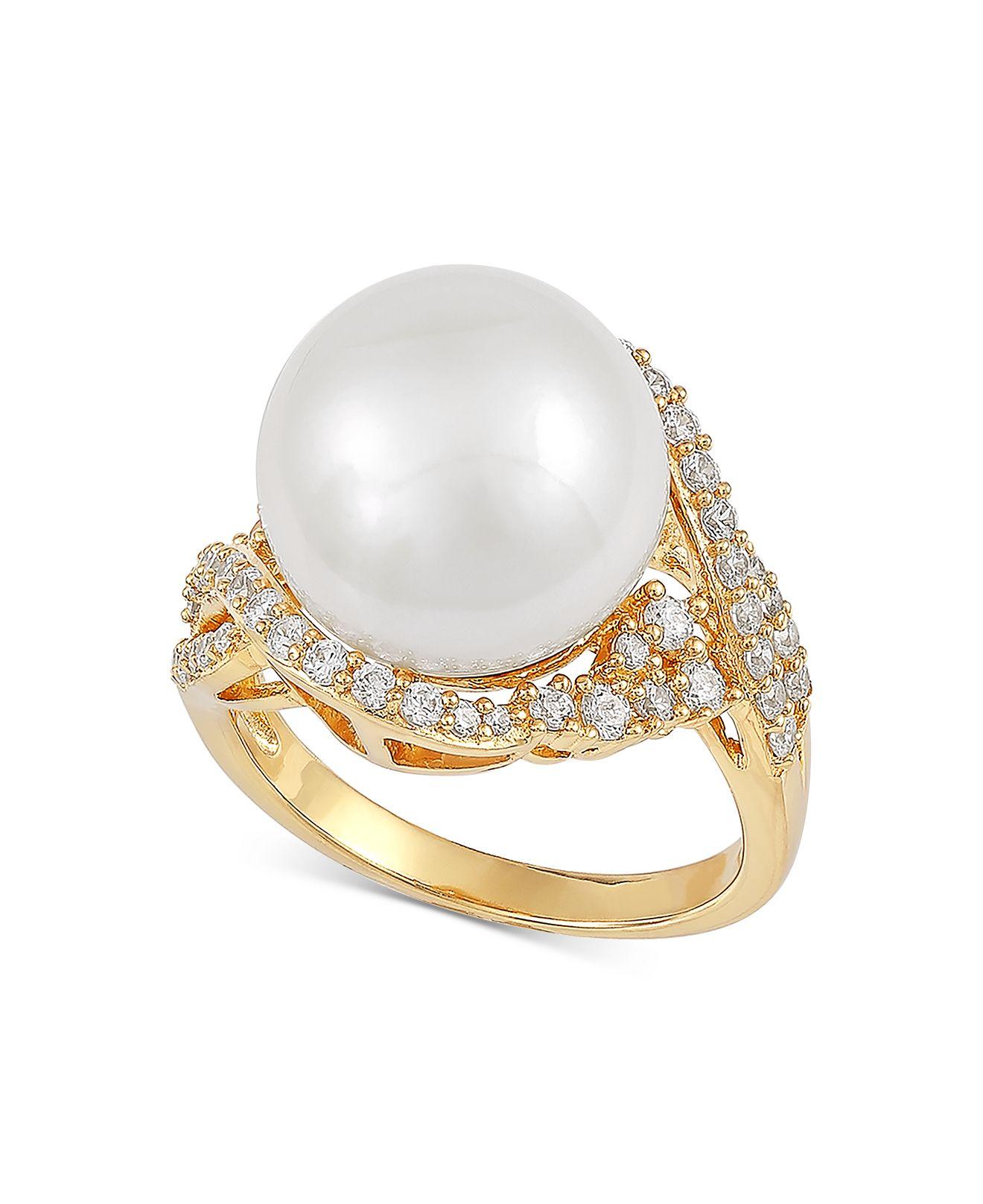 Macy's Cultured White Ming Pearl (13mm) & Cubic Zirconia Ring In 14k
