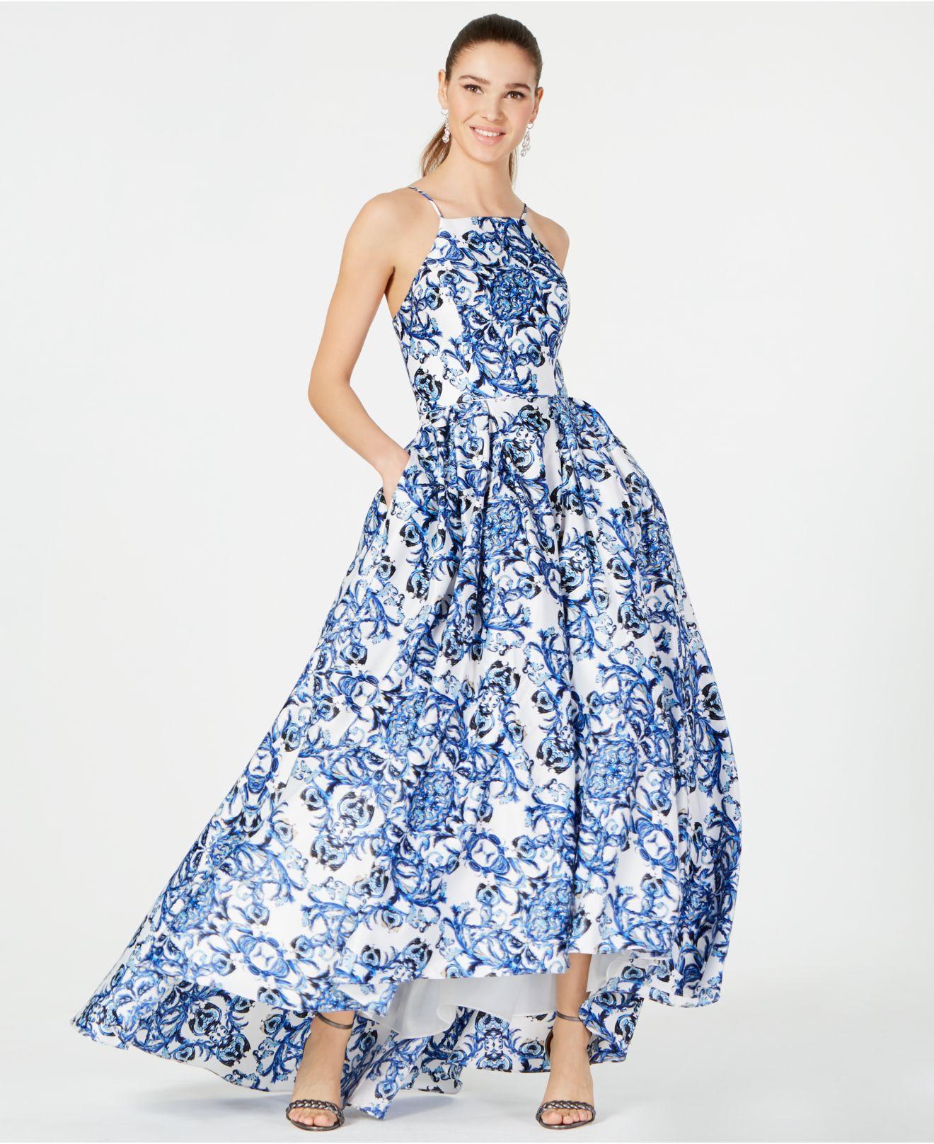 betsy & adam beaded bodice hi low ball gown