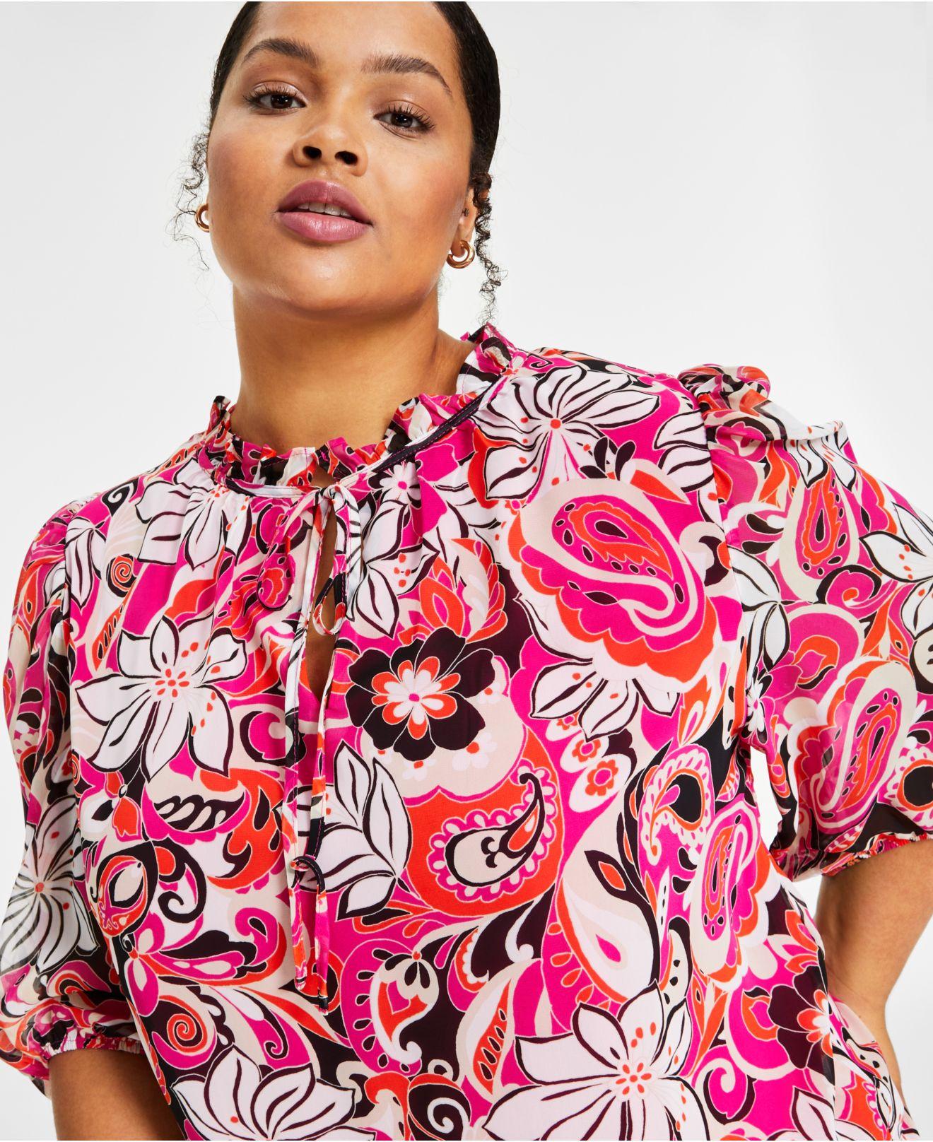 Bar Iii Plus Size Split-neck Blouse, Created For Macy's in Pink | Lyst