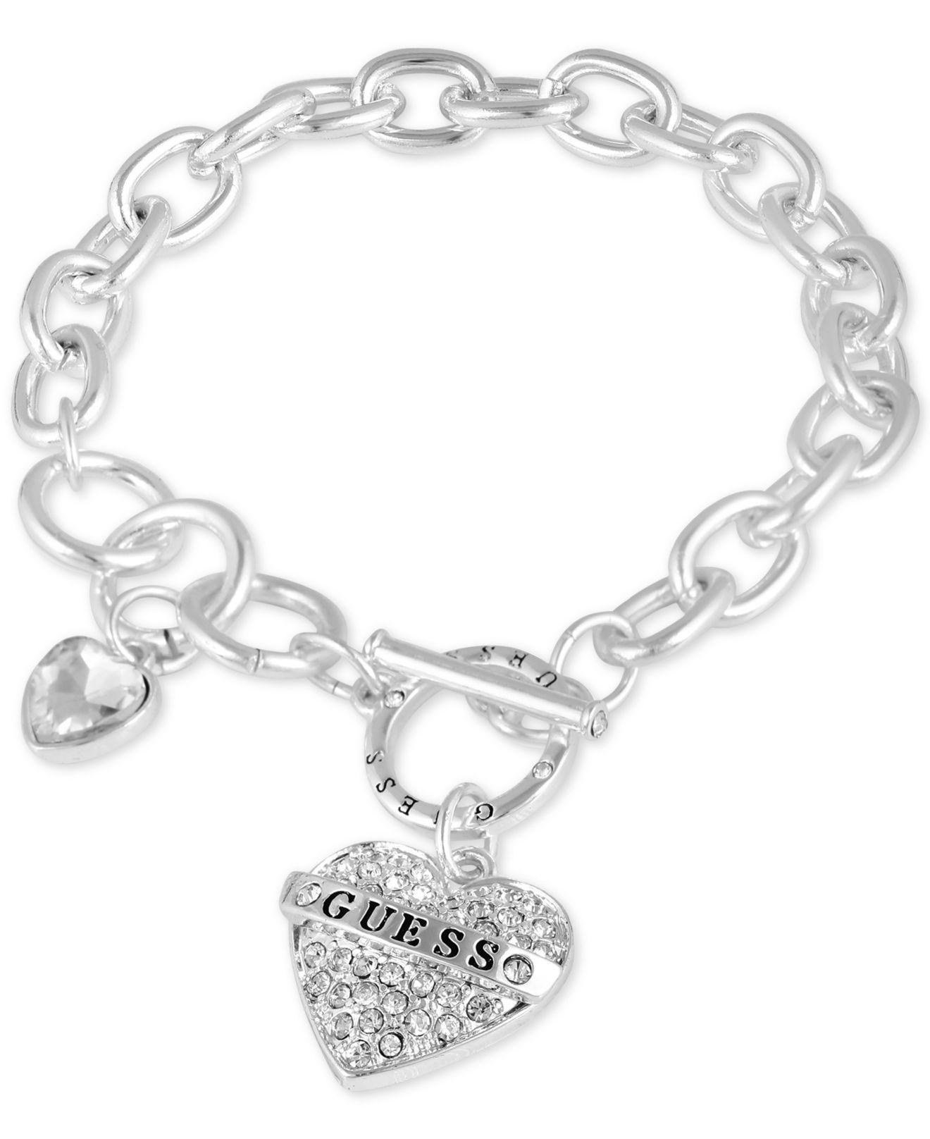 Guess Silver-tone Crystal Logo Heart Charm Link Bracelet in Metallic - Lyst