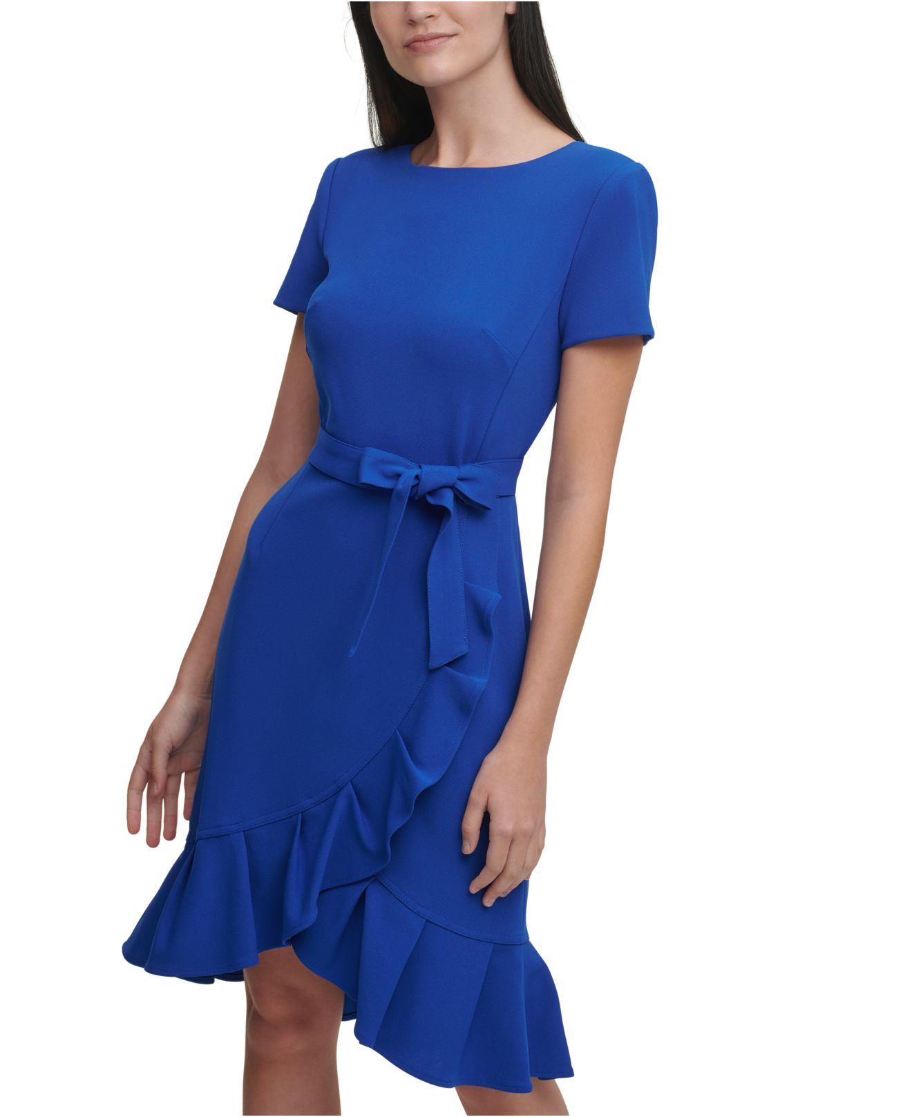 Calvin Klein Ruffled Tulip-hem Crepe Dress in Blue | Lyst