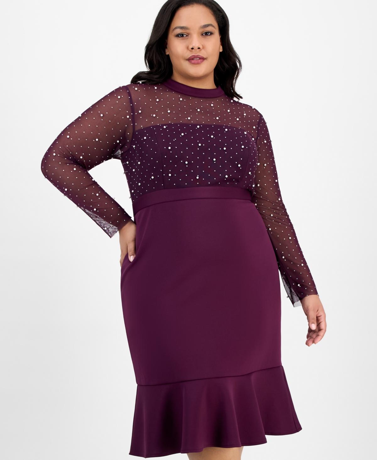 London Times Plus Size Faux-pearl Ruffled-hem Dress in Purple