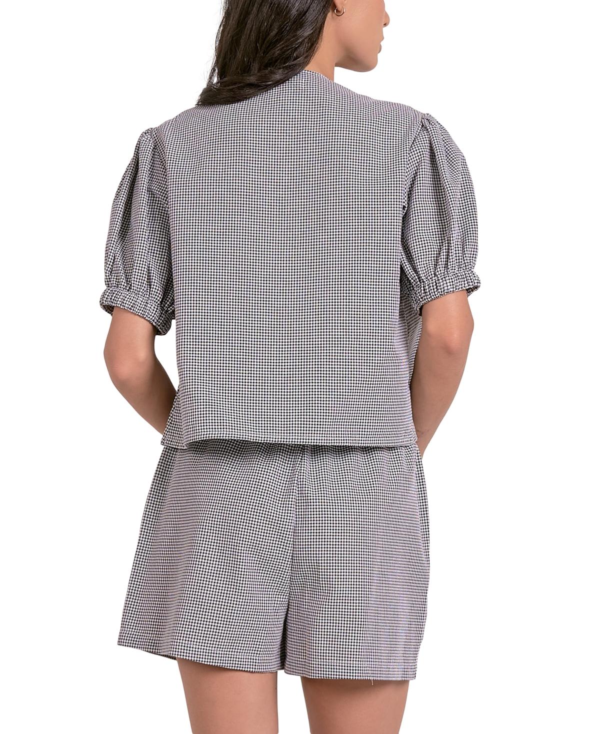売れ筋商品|||エラン カットソー トップス レディース Women's Seersucker Tie-Front Puff-Sleeve Top Black Gingham Elan Gingham Tie-front Puff-sleeve Top in Gray | Lyst