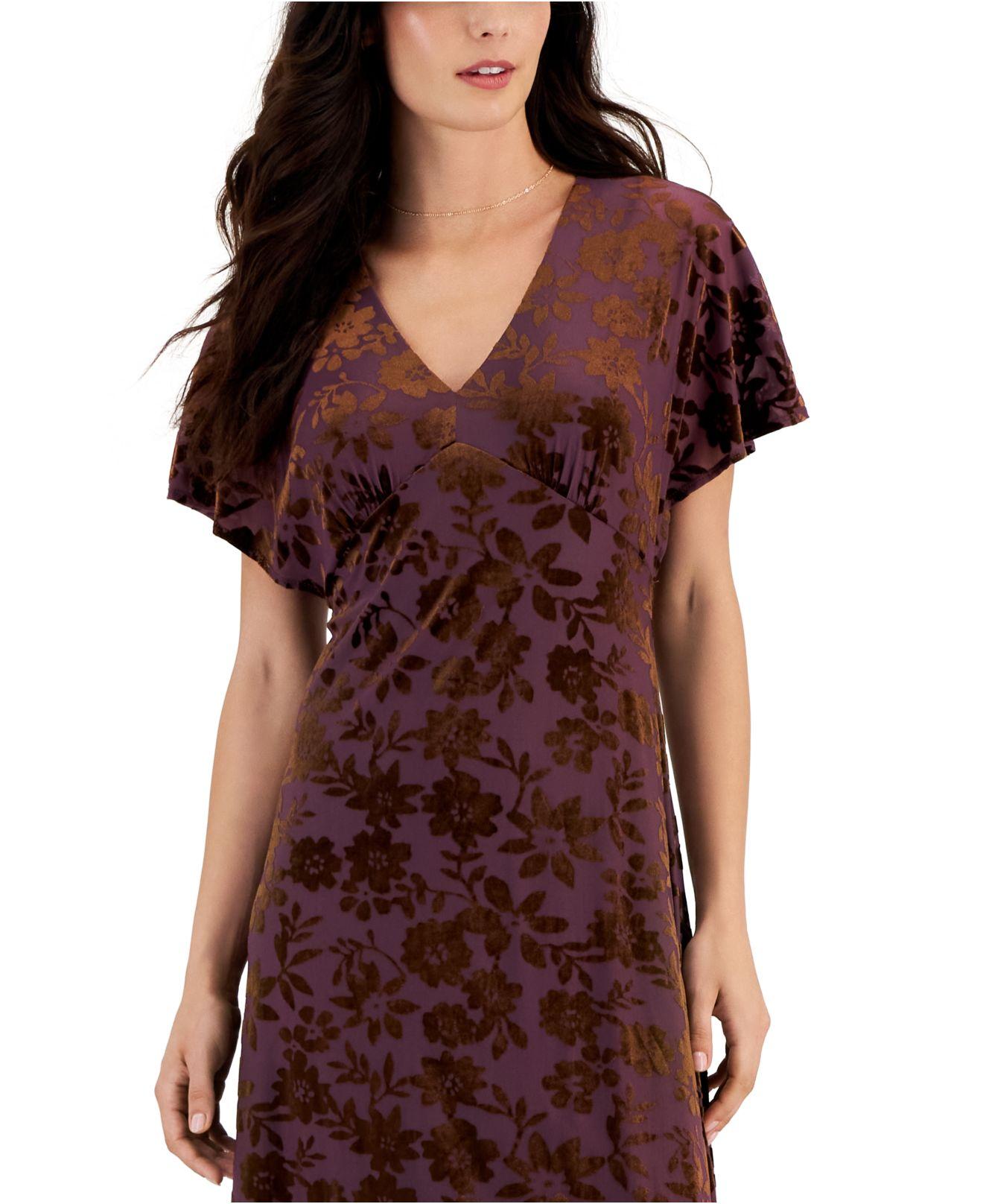 Taylor V neck Short sleeve Burnout Velvet Midi Dress in Red Lyst